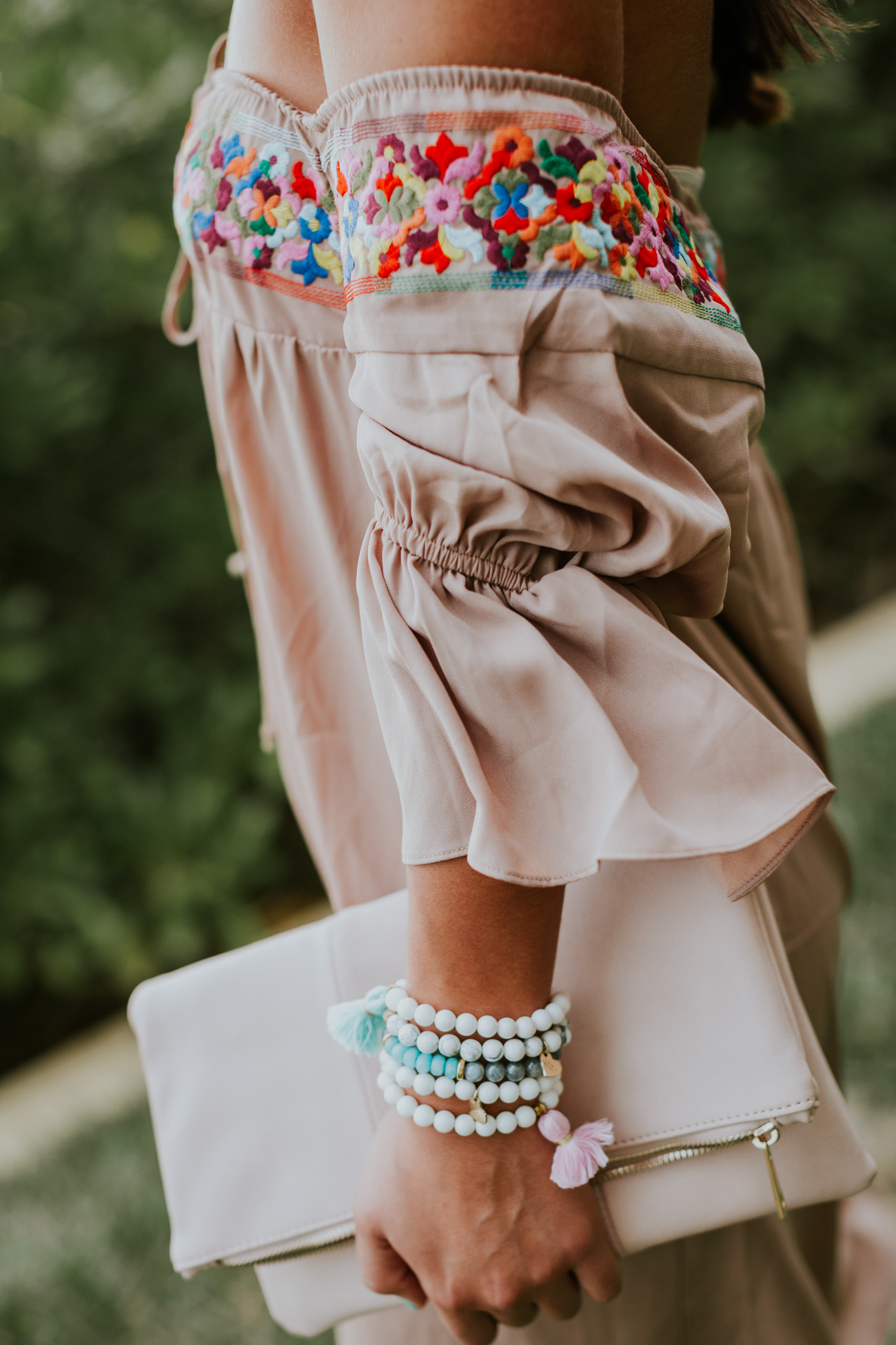 embroidered off the shoulder dress, vava by joy han dress, beach style, beach fashion, ruffle sleeves, tassel bracelets, turquoise jewelry // grace wainwright a southern drawl
