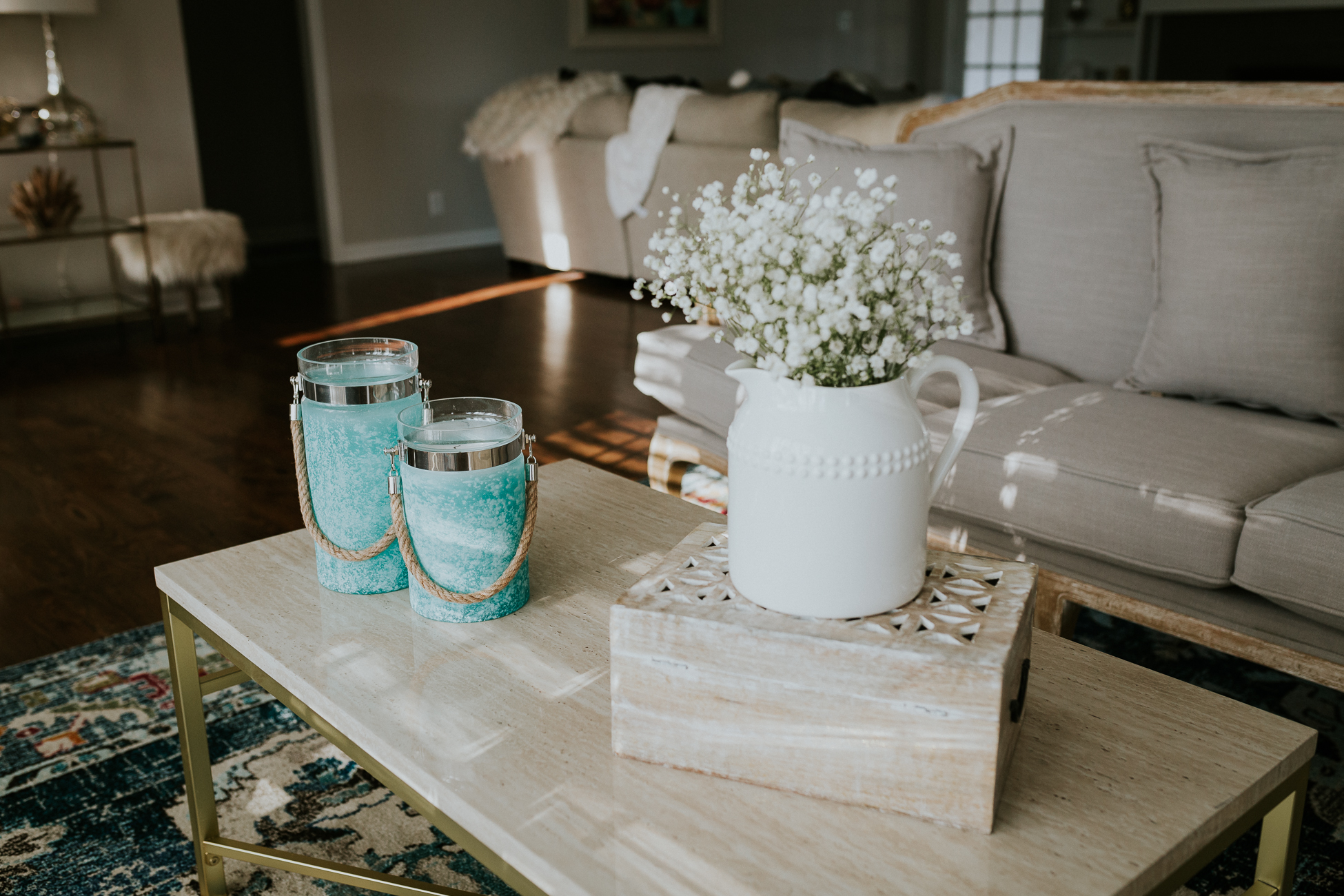 formal living room, overstock home decor, home decorations, formal living room decor, french country setee, french country sofa, french country furniture, safavieh rug, safavieh home decor, candle lanterns, gold bench, turquoise accents, a southern drawl home // grace wainwright a southern drawl