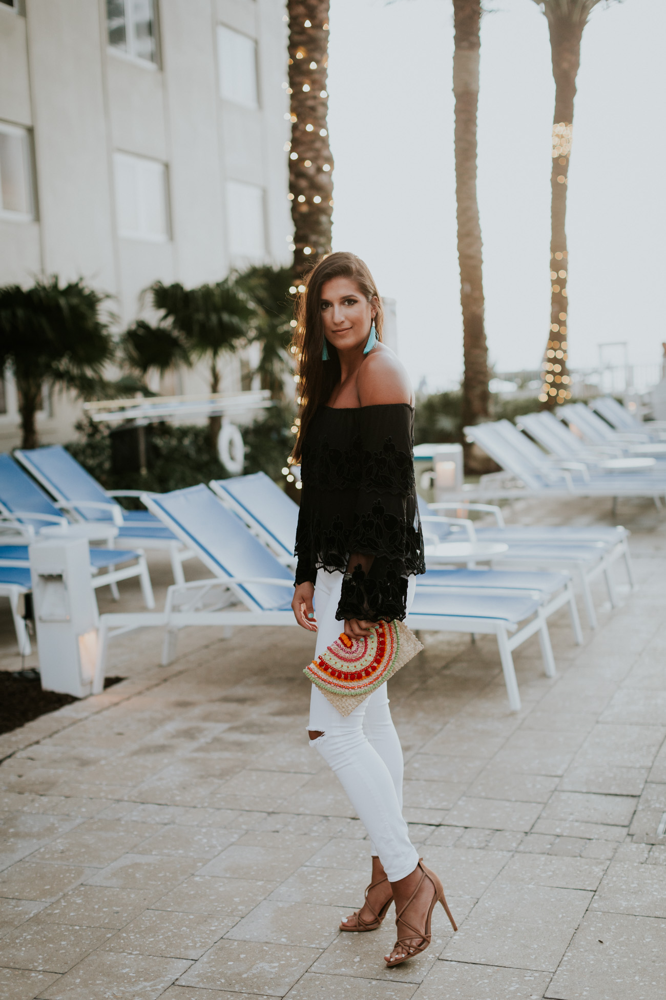 ruffle top, off the shoulder top, endless rose top, off the shoulder ruffle top, mystique clutch, strappy sandals, beach style, beach outfit, vacation outfit, vacation style, turquoise tassel earrings // grace wainwright a southern drawl