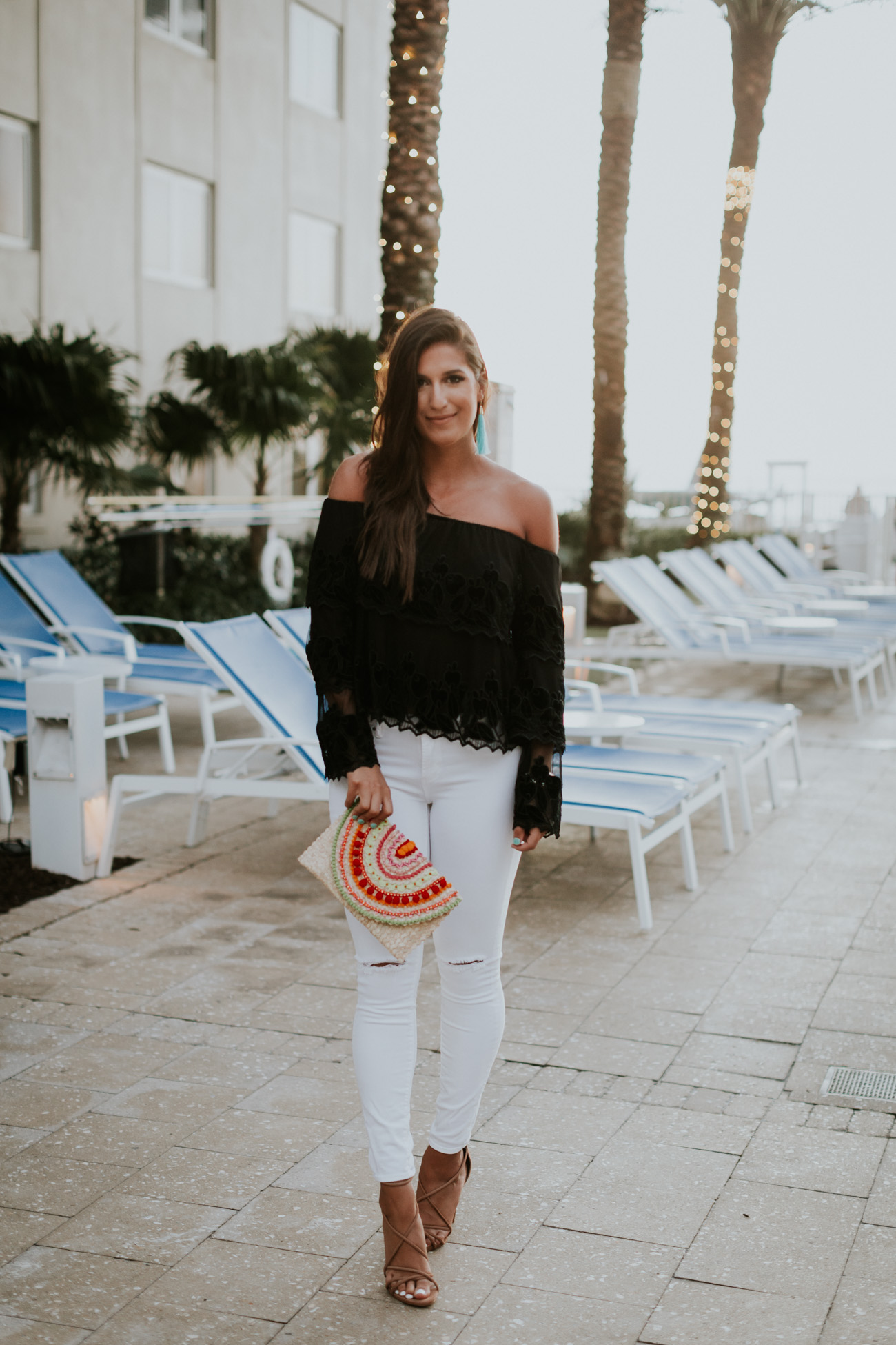 ruffle top, off the shoulder top, endless rose top, off the shoulder ruffle top, mystique clutch, strappy sandals, beach style, beach outfit, vacation outfit, vacation style, turquoise tassel earrings // grace wainwright a southern drawl