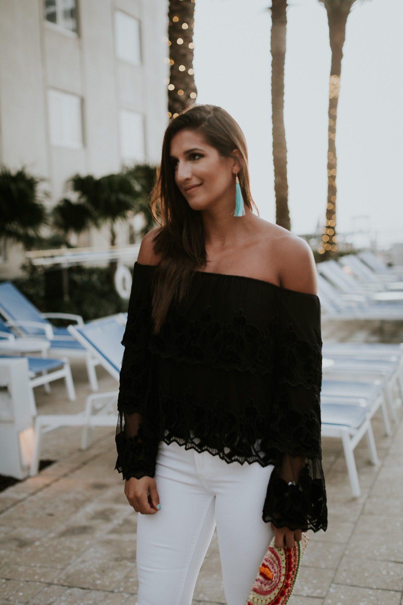 ruffle top, off the shoulder top, endless rose top, off the shoulder ruffle top, mystique clutch, strappy sandals, beach style, beach outfit, vacation outfit, vacation style, turquoise tassel earrings // grace wainwright a southern drawl