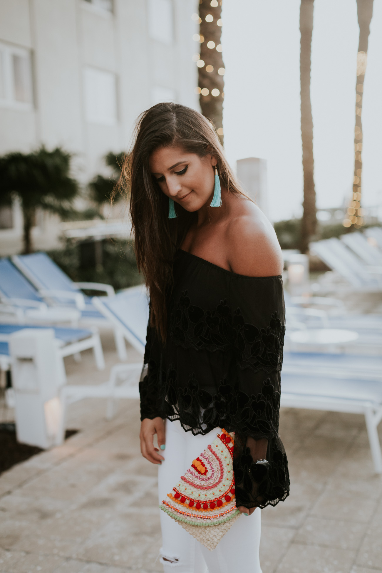 ruffle top, off the shoulder top, endless rose top, off the shoulder ruffle top, mystique clutch, strappy sandals, beach style, beach outfit, vacation outfit, vacation style, turquoise tassel earrings // grace wainwright a southern drawl