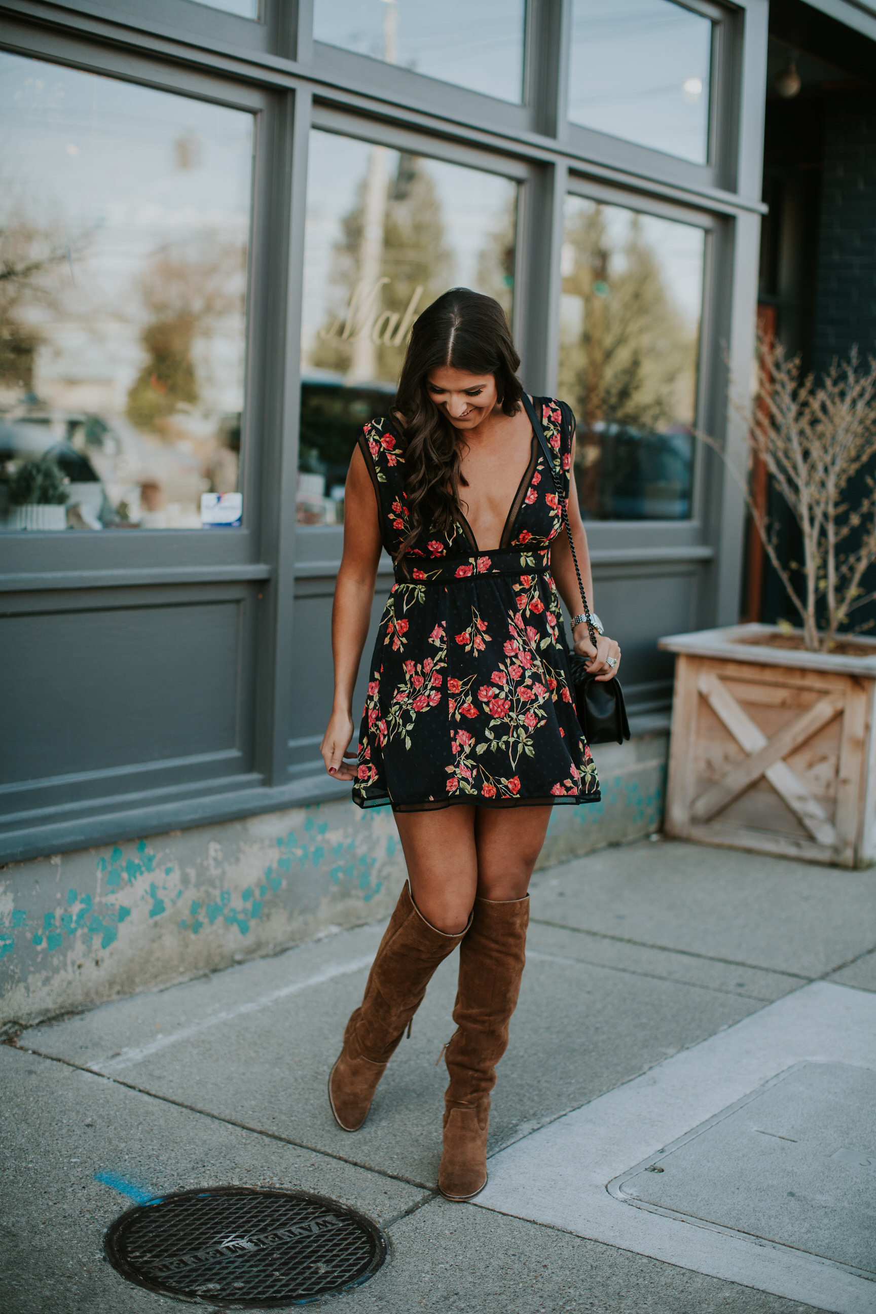 rose printed dress, rose mini dress, rose print mini dress, over the knee boots, nbd dress, nbd mini dress, rebecca minkoff love crossbody bag, dolce vita over the knee boots, spring fashion, spring style, floral mini dress // grace wainwright a southern drawl