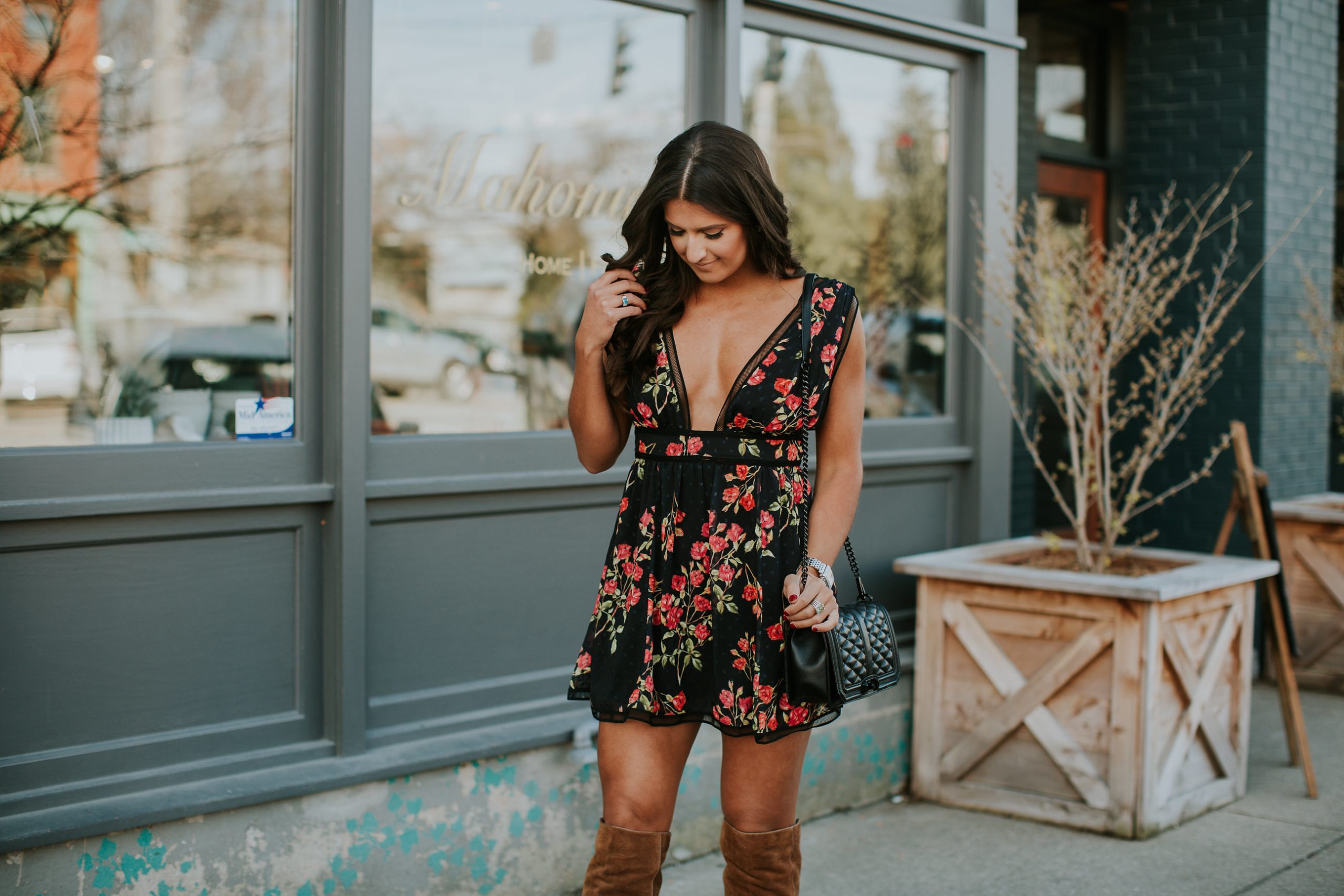 rose printed dress, rose mini dress, rose print mini dress, over the knee boots, nbd dress, nbd mini dress, rebecca minkoff love crossbody bag, dolce vita over the knee boots, spring fashion, spring style, floral mini dress // grace wainwright a southern drawl