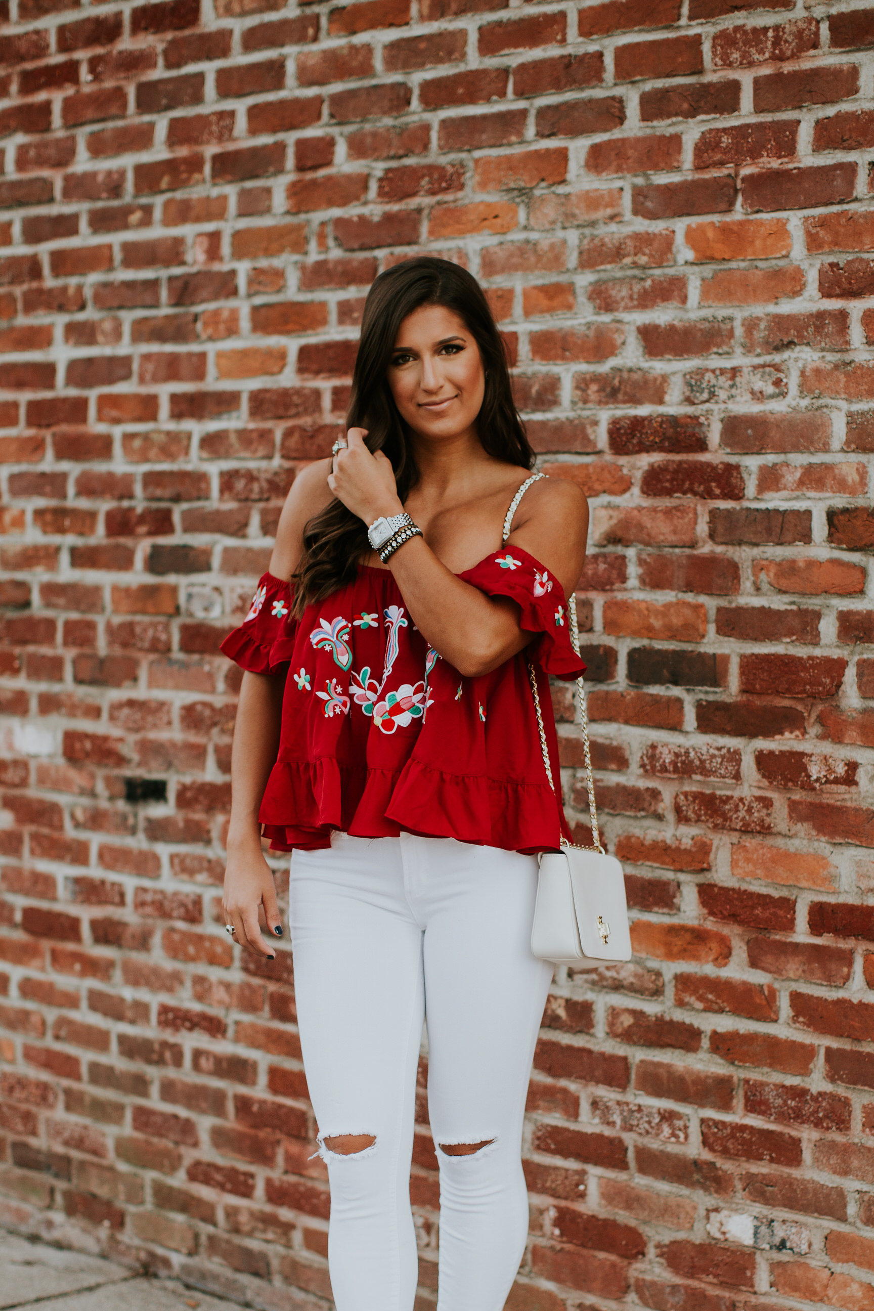 embroidered cold shoulder top, white distressed skinny jeans, steve madden carrson sandal, white tory burch crossbody bag, spring fashion, vava by joy han top, spring style, spring outfit, tropical outfit, vacation style, vacation fashion // grace wainwright a southern drawl