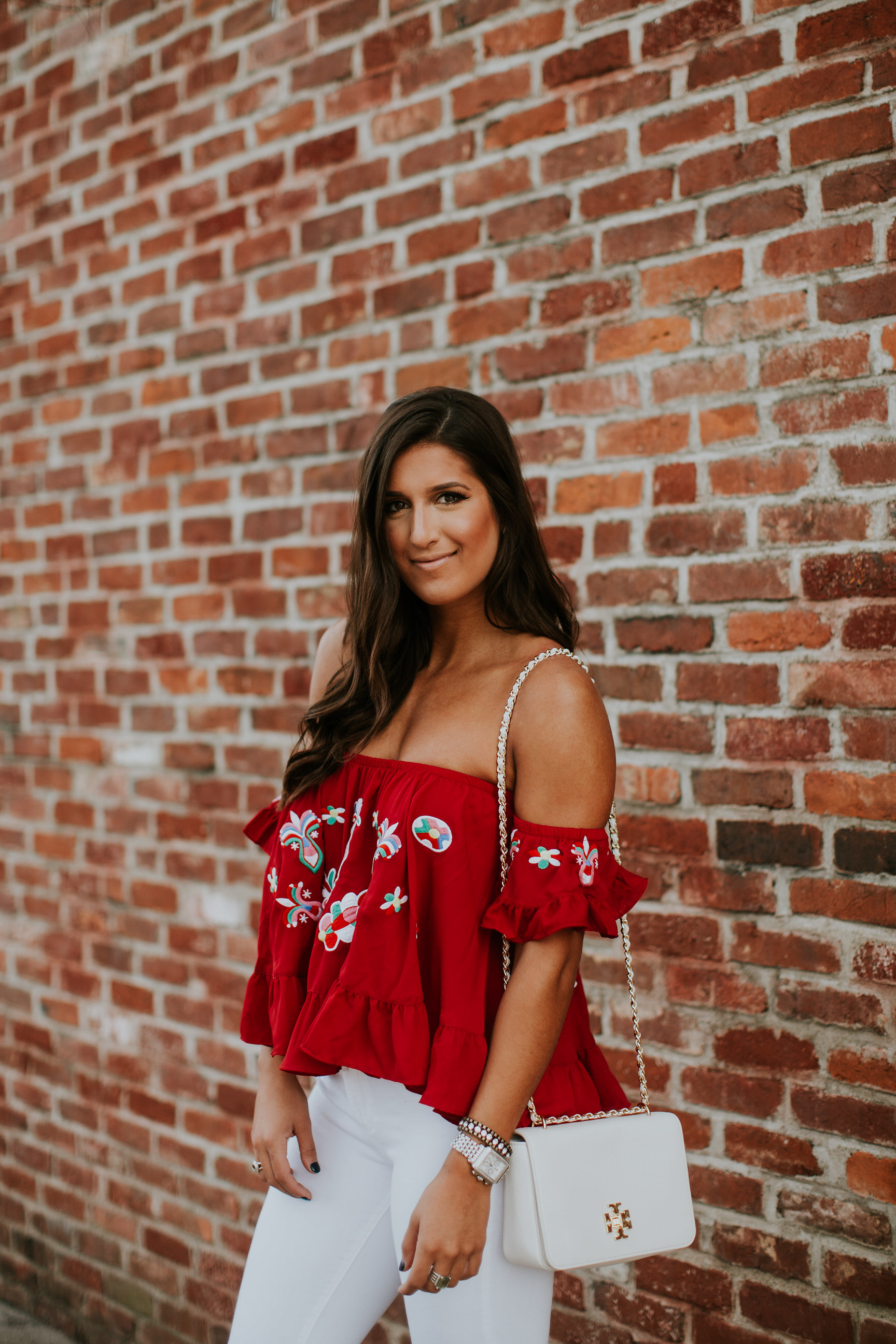 embroidered cold shoulder top, white distressed skinny jeans, steve madden carrson sandal, white tory burch crossbody bag, spring fashion, vava by joy han top, spring style, spring outfit, tropical outfit, vacation style, vacation fashion // grace wainwright a southern drawl