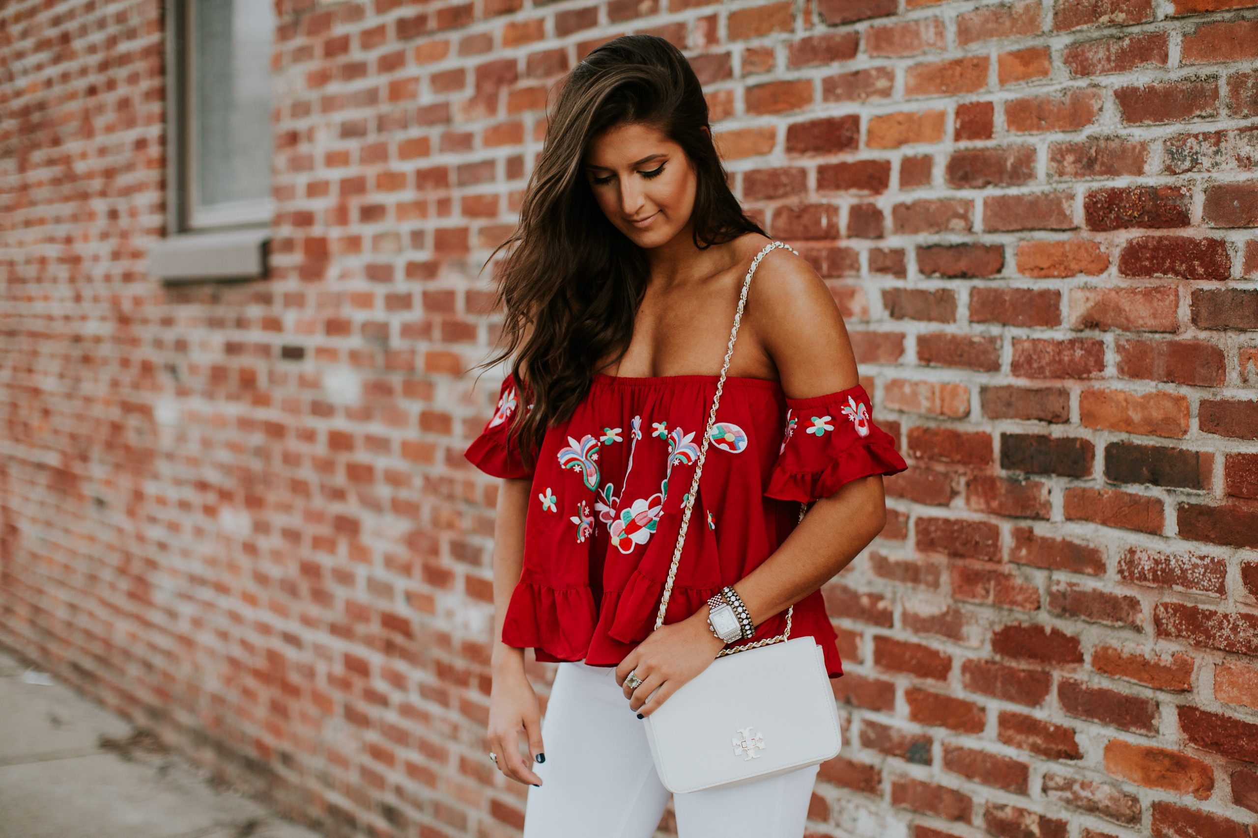 embroidered cold shoulder top, white distressed skinny jeans, steve madden carrson sandal, white tory burch crossbody bag, spring fashion, vava by joy han top, spring style, spring outfit, tropical outfit, vacation style, vacation fashion // grace wainwright a southern drawl