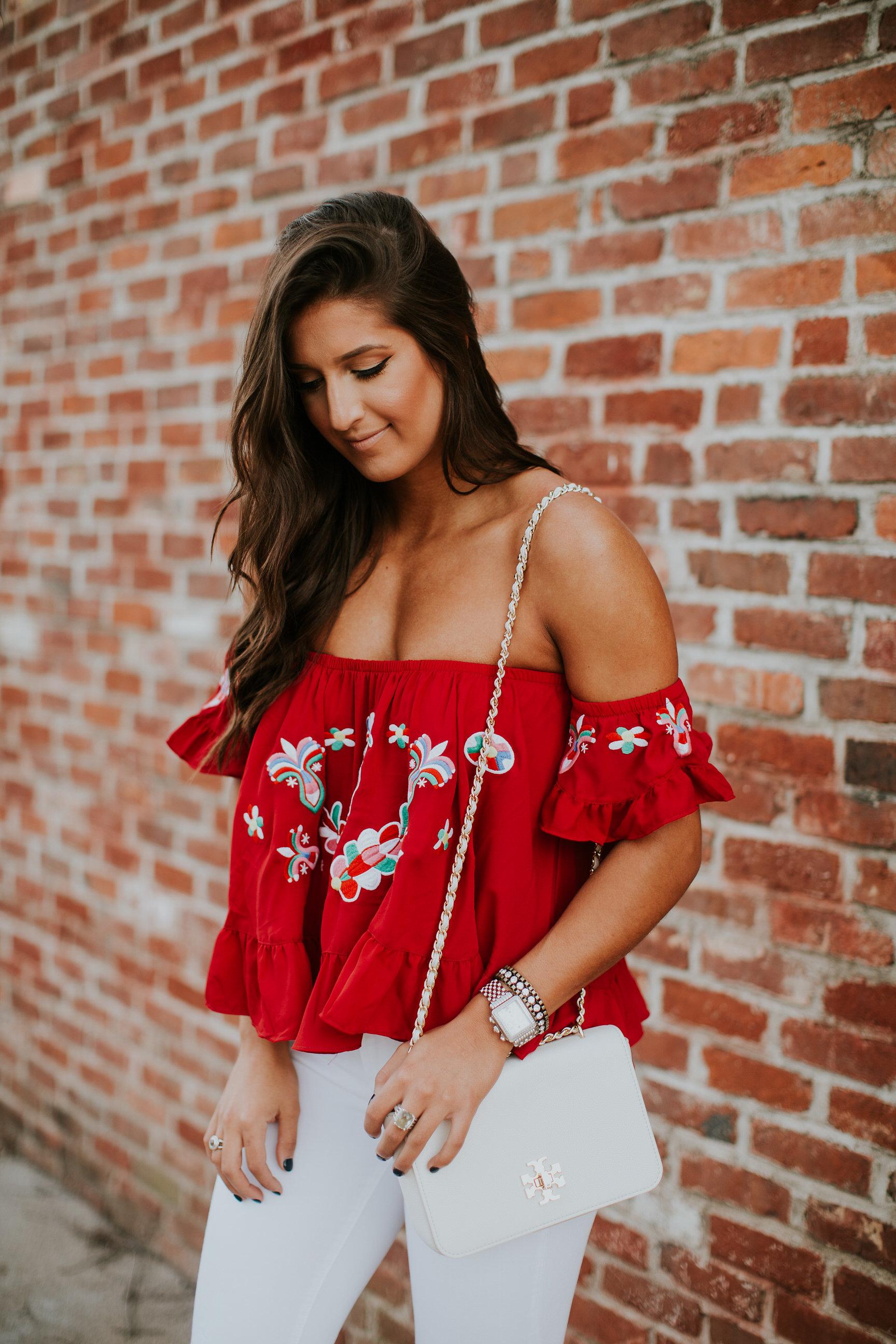 embroidered cold shoulder top, white distressed skinny jeans, steve madden carrson sandal, white tory burch crossbody bag, spring fashion, vava by joy han top, spring style, spring outfit, tropical outfit, vacation style, vacation fashion // grace wainwright a southern drawl