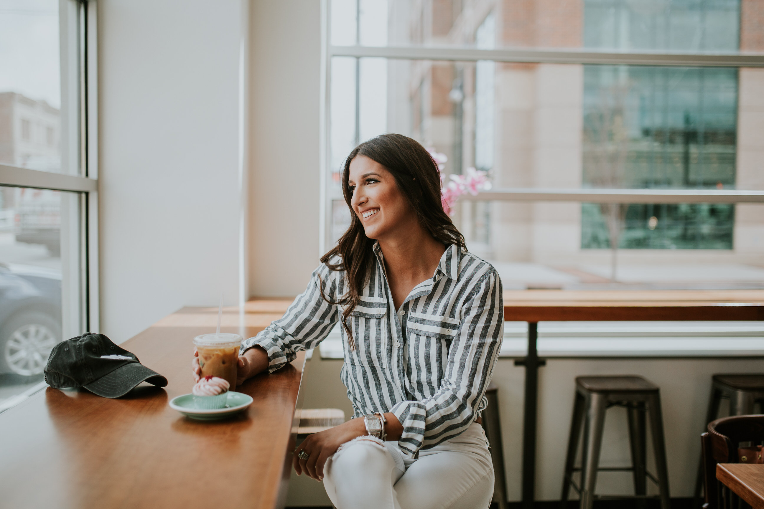 casual everyday outfit, allbirds wool runners, allbirds sneakers, j.crew stripe linen shirt, white distressed skinny jeans, distressed yankees baseball cap, press coffee shop louisville, louisville coffee shops, kentucky blogger, kentucky coffee shops, casual style, casual outfit // grace wainwright a southern drawl