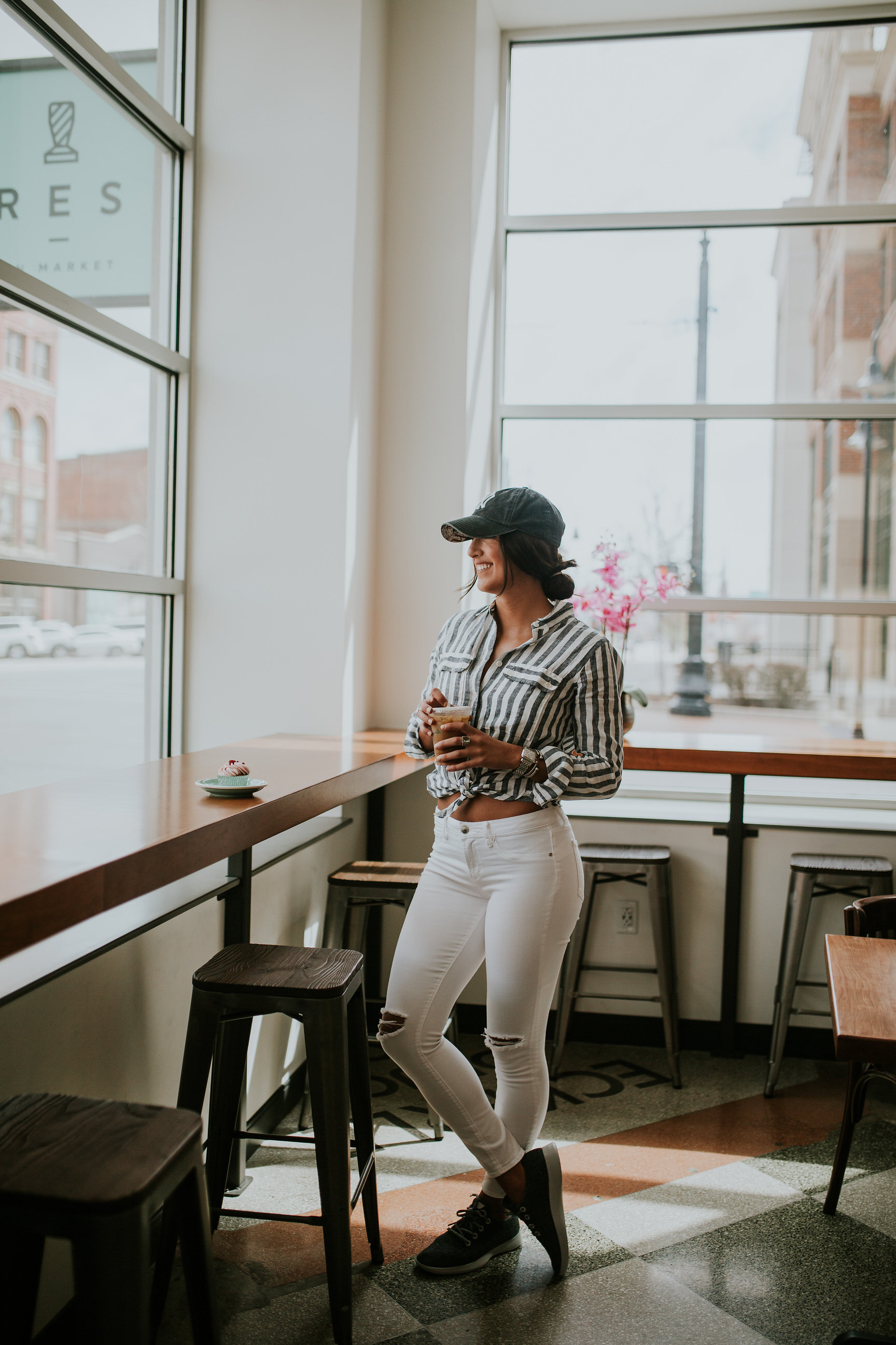 casual everyday outfit, allbirds wool runners, allbirds sneakers, j.crew stripe linen shirt, white distressed skinny jeans, distressed yankees baseball cap, press coffee shop louisville, louisville coffee shops, kentucky blogger, kentucky coffee shops, casual style, casual outfit // grace wainwright a southern drawl