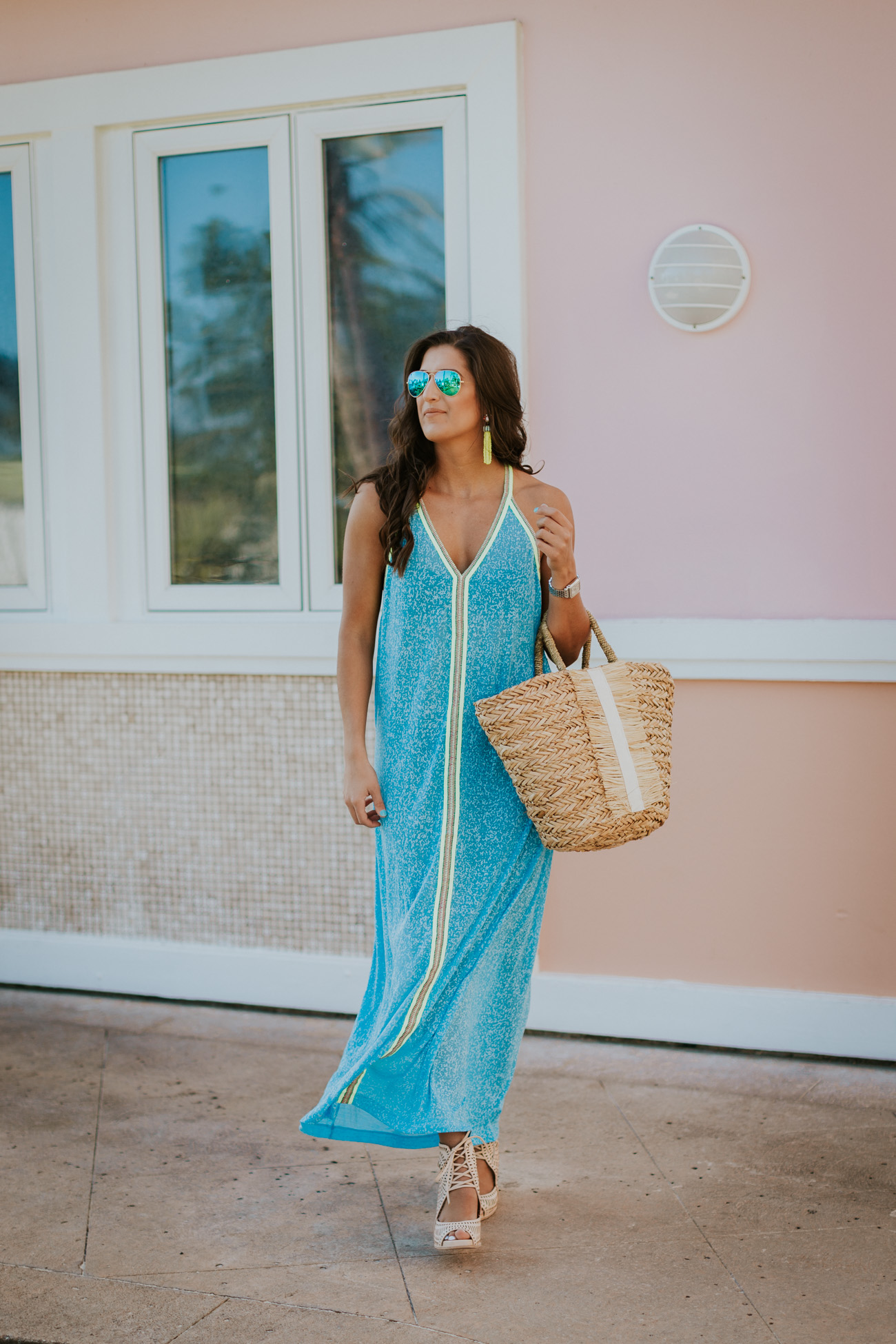coverup maxi dress, pitusa sun maxi dress, pitusa maxi, pitusa dress, hat attack seagrass tote, neon tassel earrings, beach style, beach fashion, vacation style, spring break style, a southern drawl travels, jeffrey campbell rayos perforated wedge sandal // grace wainwright a southern drawl