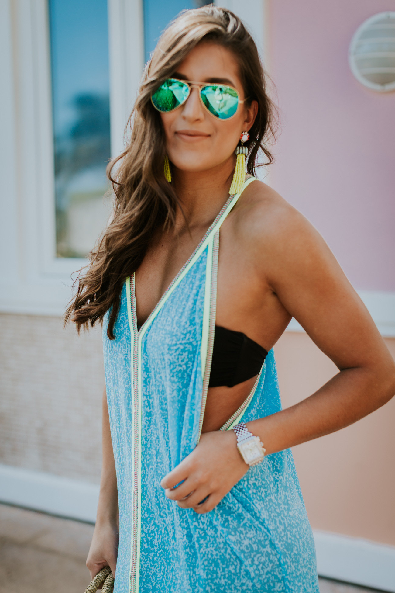 coverup maxi dress, pitusa sun maxi dress, pitusa maxi, pitusa dress, hat attack seagrass tote, neon tassel earrings, beach style, beach fashion, vacation style, spring break style, a southern drawl travels, jeffrey campbell rayos perforated wedge sandal // grace wainwright a southern drawl