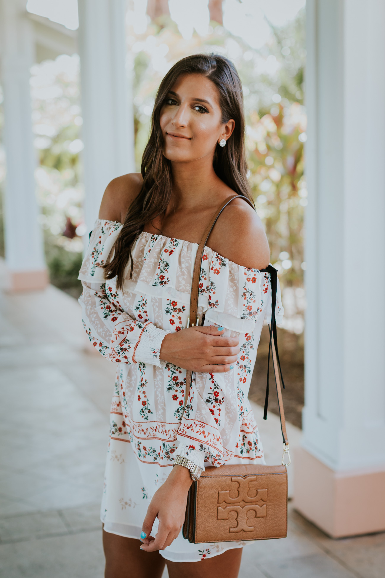 ruffle floral dress, ruffle off the shoulder dress, endless rose dress, steve madden carrson sandal, tory burch private sale, tory burch crossbody bag, vacation outfit, vacation style, spring fashion, spring style // grace wainwright a southern drawl