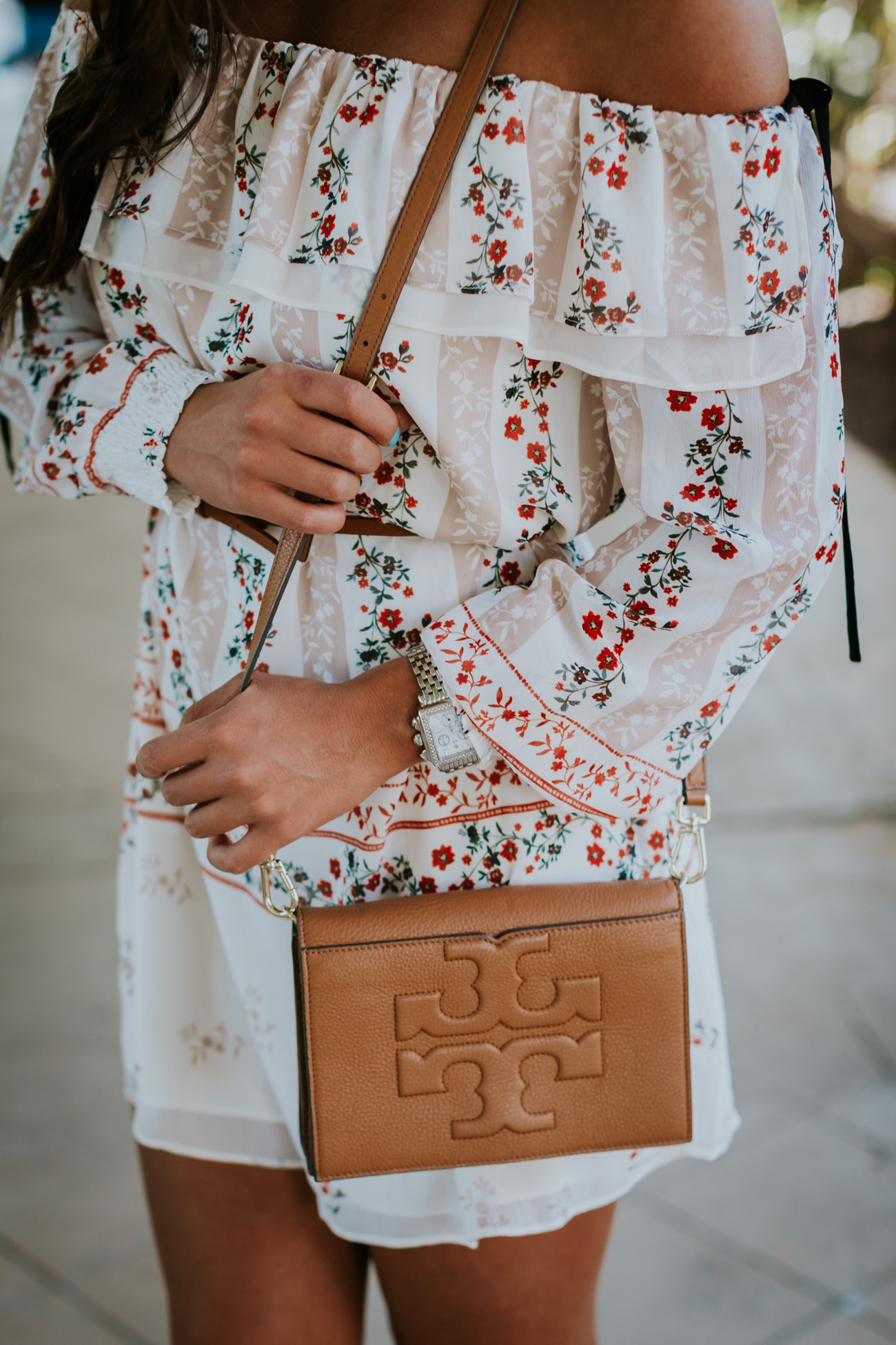 ruffle floral dress, ruffle off the shoulder dress, endless rose dress, steve madden carrson sandal, tory burch private sale, tory burch crossbody bag, vacation outfit, vacation style, spring fashion, spring style // grace wainwright a southern drawl