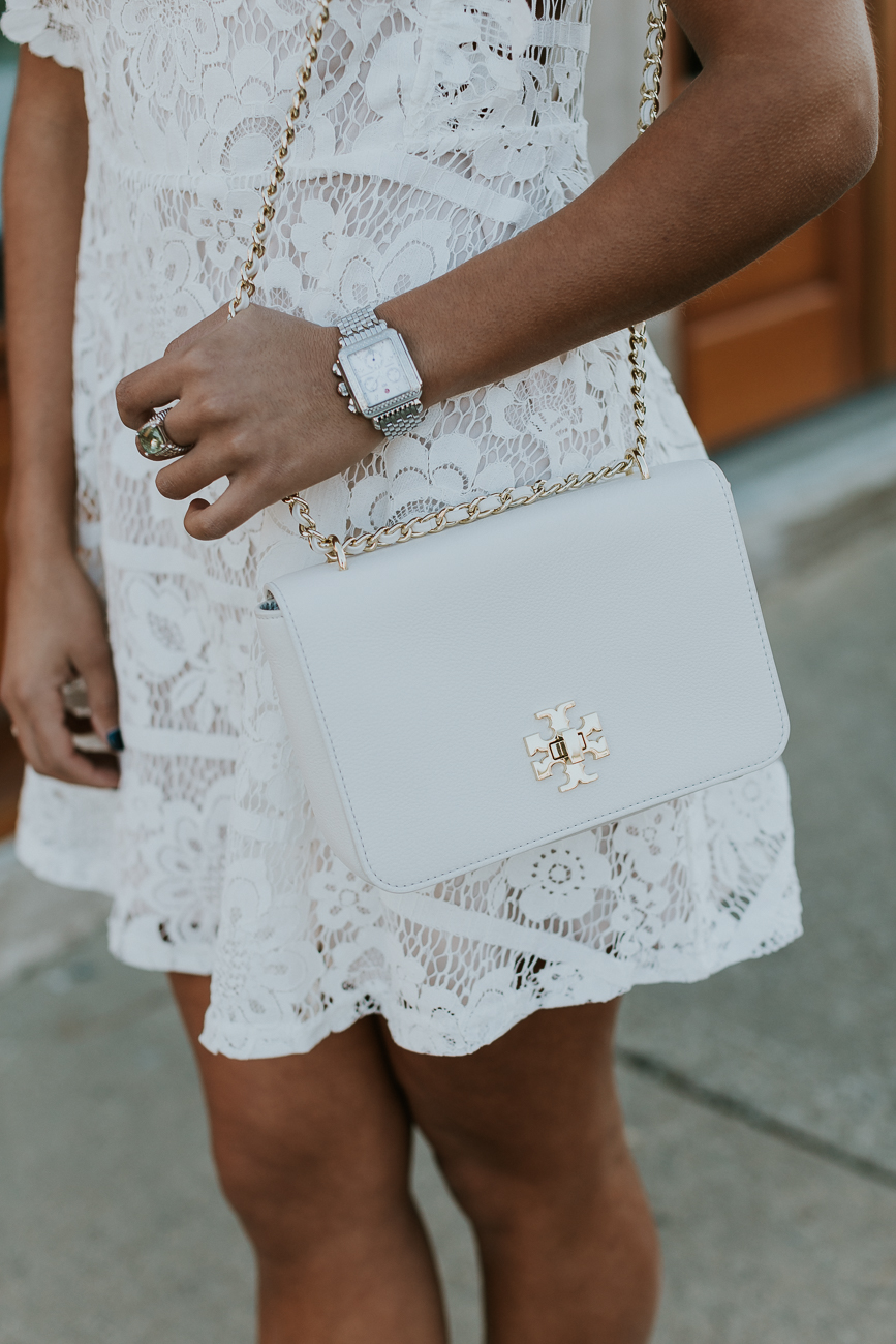 white lace dress, jeffrey campbell rodillo hi wedge sandals, jeffrey campbell rayo laser cut sandals, tory burch crossbody bag, white tory burch crossbody bag, cross back dress, lace mini dress, bride to be dress, rehearsal dinner dress, bridal shower dress, little white dress, spring style, spring outfit, spring fashion, chicwish dresses // grace wainwright a southern drawl