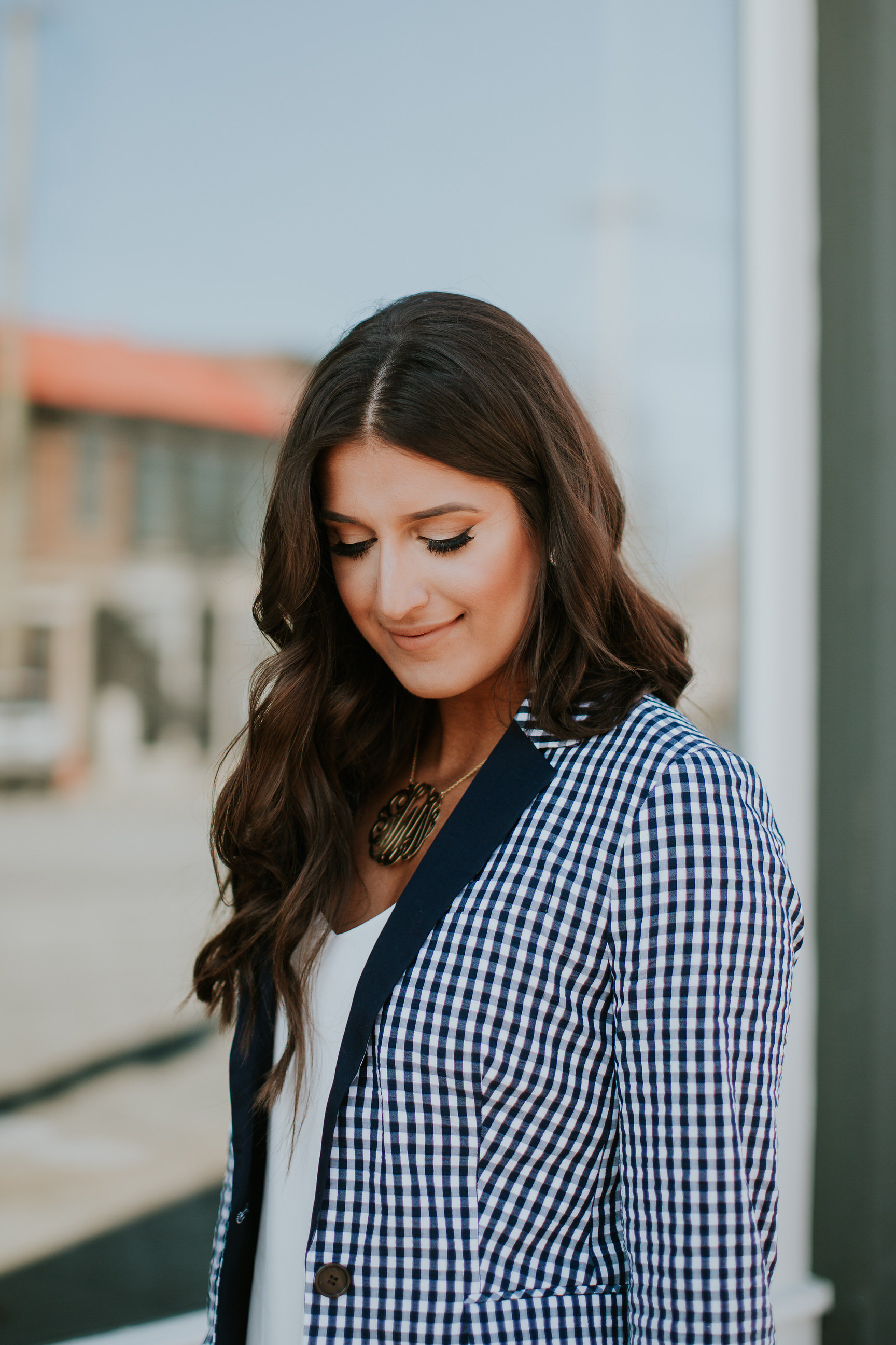j.crew gingham blazer, white distressed skinny jeans, navy gingham blazer, christian louboutin so kate pumps, tory burch slouchy satchel, gold monogram necklace, extra large gold ribbon monogram necklace, baublebar monogram necklace, preppy fashion, preppy outfit, preppy spring outfit, easter outfit, preppy style, southern fashion blogger, southern style // grace wainwright a southern drawl