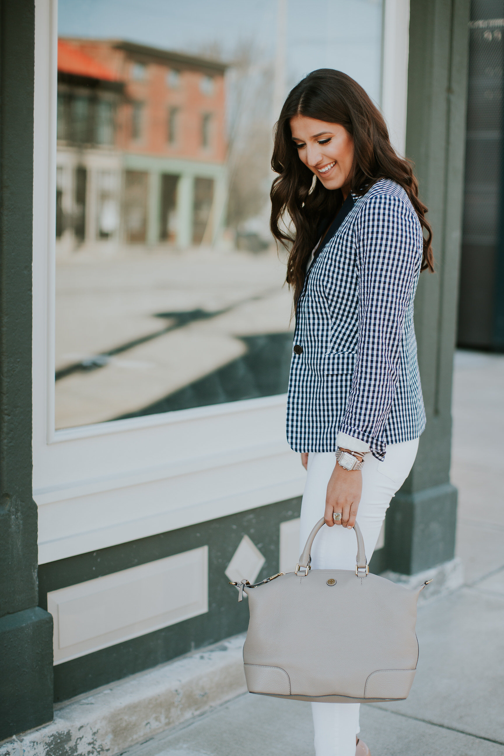 j.crew gingham blazer, white distressed skinny jeans, navy gingham blazer, christian louboutin so kate pumps, tory burch slouchy satchel, gold monogram necklace, extra large gold ribbon monogram necklace, baublebar monogram necklace, preppy fashion, preppy outfit, preppy spring outfit, easter outfit, preppy style, southern fashion blogger, southern style // grace wainwright a southern drawl