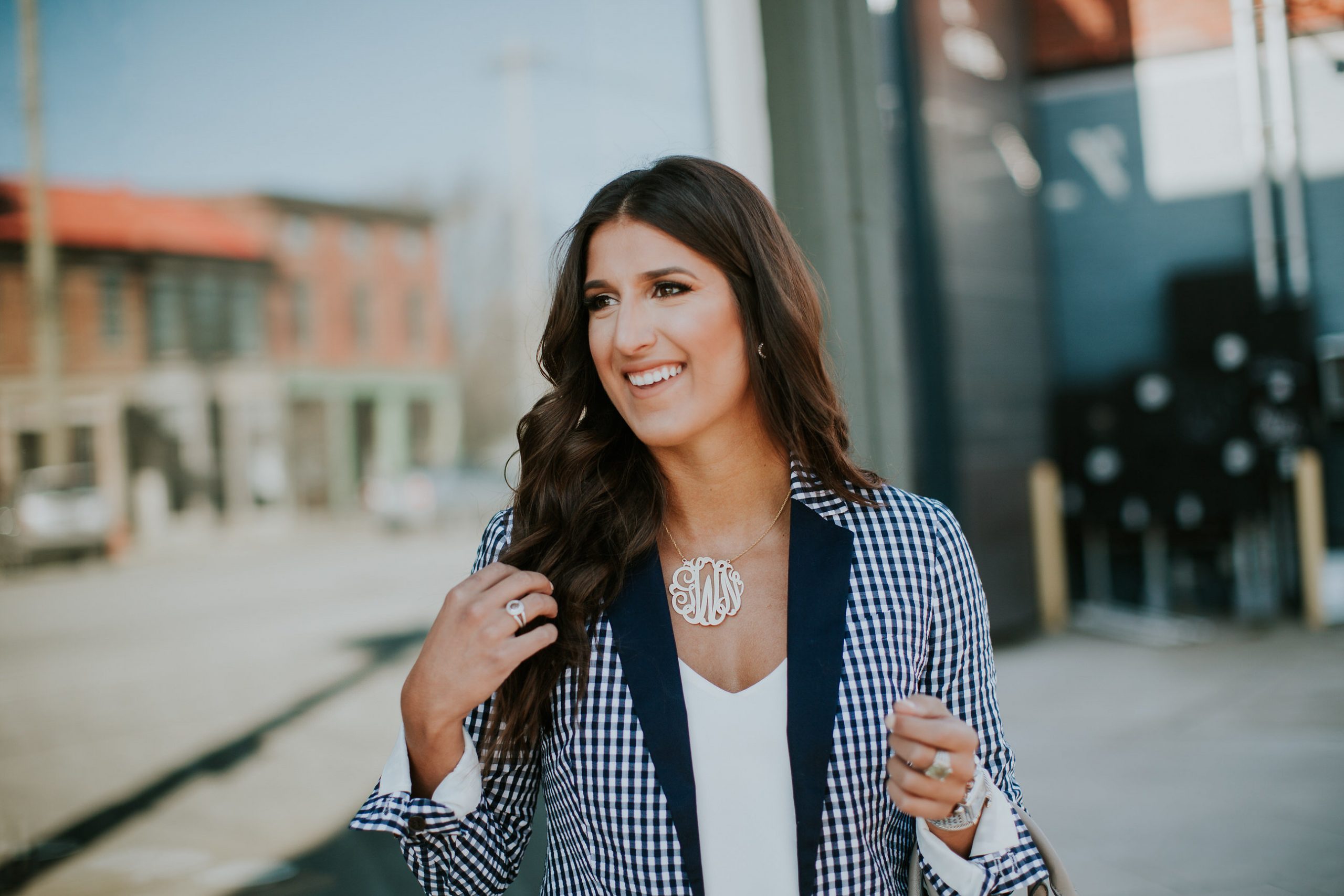 j.crew gingham blazer, white distressed skinny jeans, navy gingham blazer, christian louboutin so kate pumps, tory burch slouchy satchel, gold monogram necklace, extra large gold ribbon monogram necklace, baublebar monogram necklace, preppy fashion, preppy outfit, preppy spring outfit, easter outfit, preppy style, southern fashion blogger, southern style // grace wainwright a southern drawl