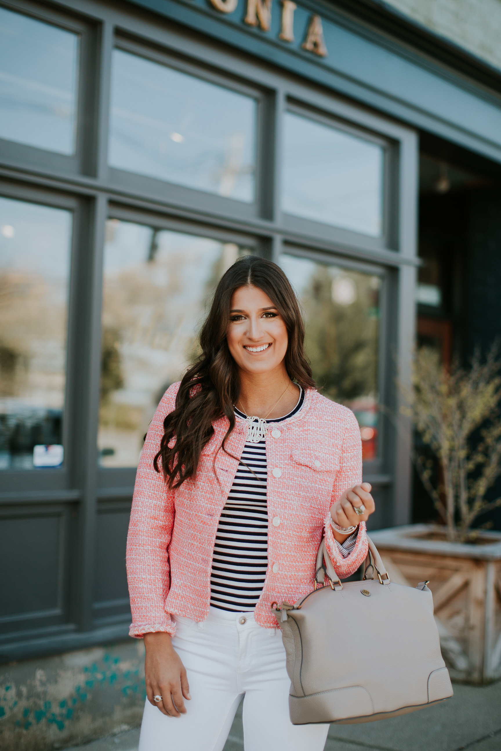 pink tweed jacket, j.crew tweed jacket, stripe tee, gold monogram necklace, extra large monogram necklace, tory burch slouchy satchel, preppy outfit, preppy easter outfit, spring style, preppy spring outfit // grace wainwright a southern drawl