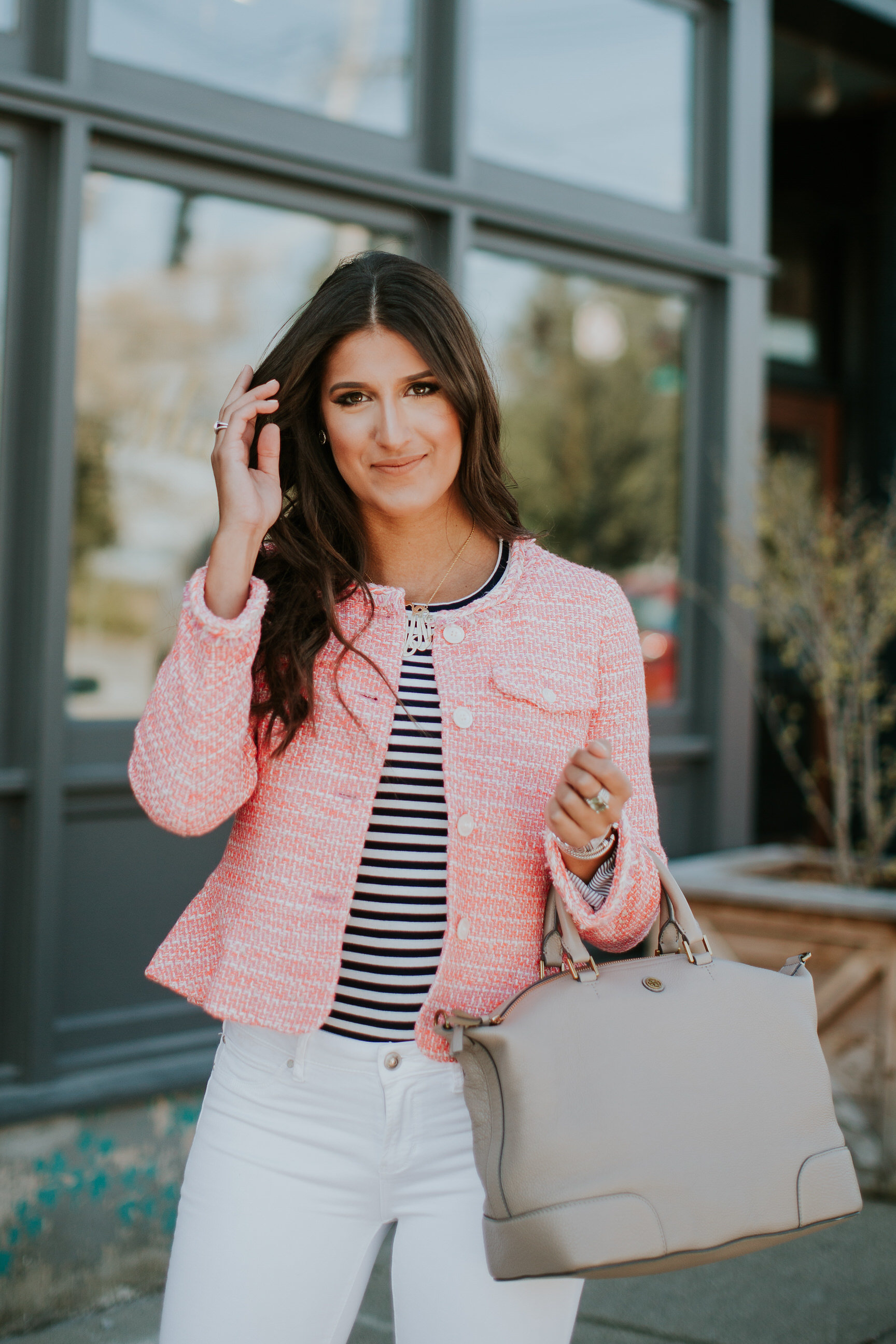 pink tweed jacket, j.crew tweed jacket, stripe tee, gold monogram necklace, extra large monogram necklace, tory burch slouchy satchel, preppy outfit, preppy easter outfit, spring style, preppy spring outfit // grace wainwright a southern drawl
