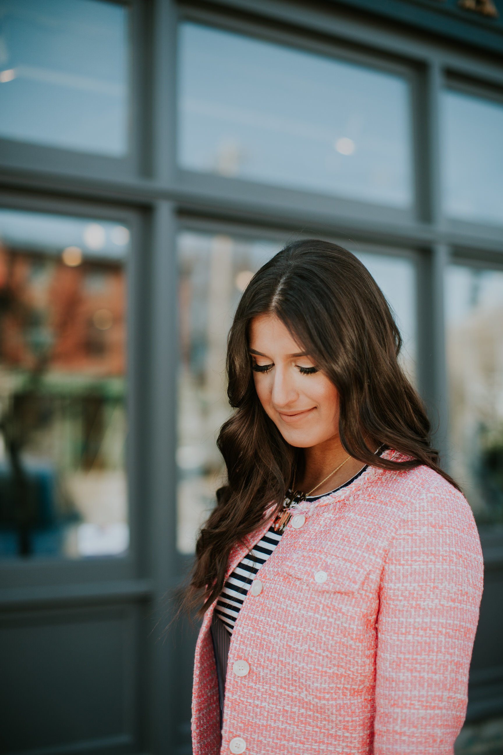 pink tweed jacket, j.crew tweed jacket, stripe tee, gold monogram necklace, extra large monogram necklace, tory burch slouchy satchel, preppy outfit, preppy easter outfit, spring style, preppy spring outfit // grace wainwright a southern drawl