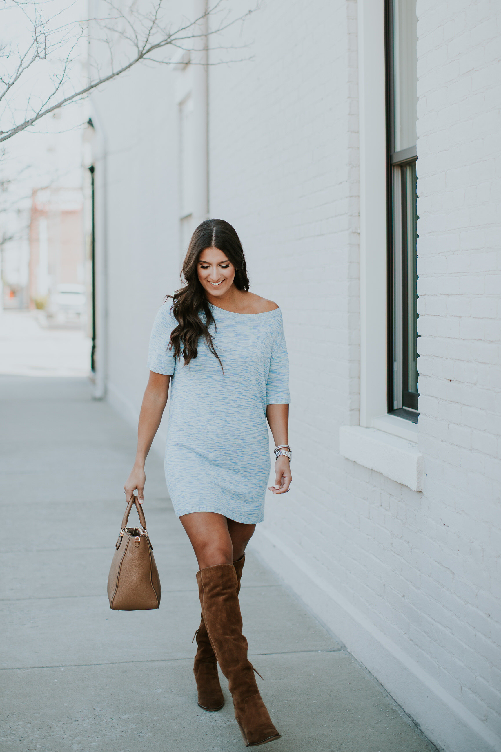 off the shoulder sweater dress, minkpink sweater dress, over the knee boots, tory burch robinson square pebbled tote, dolce vita boots, spring fashion, spring style, spring outfit // grace wainwright a southern drawl