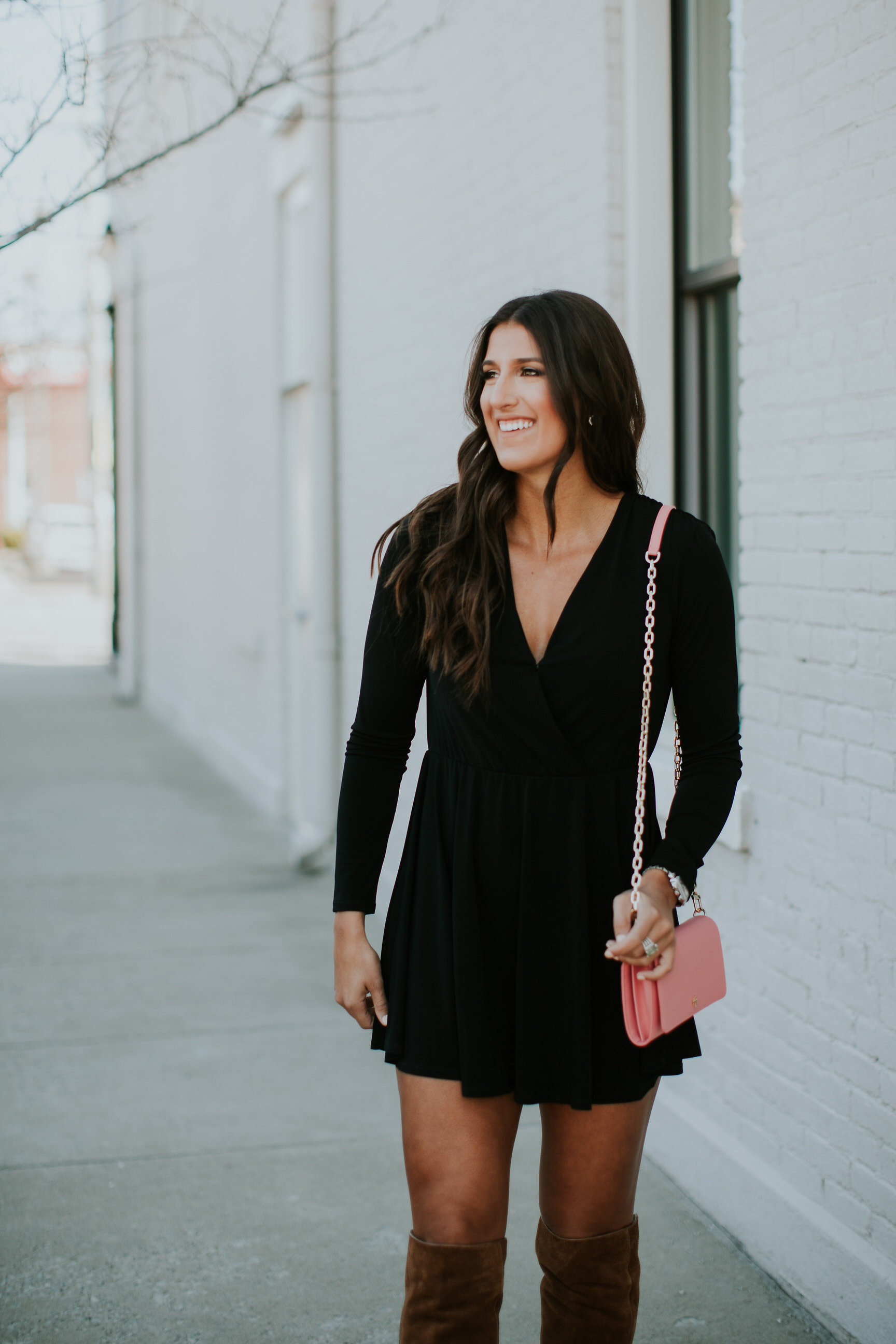 black flare dress, little black dress, over the knee boots, tory burch robinson chain wallet, tory burch crossbody bag, tory burch pink bag, bcbgeneration dress, spring fashion, spring style // grace wainwright a southern drawl