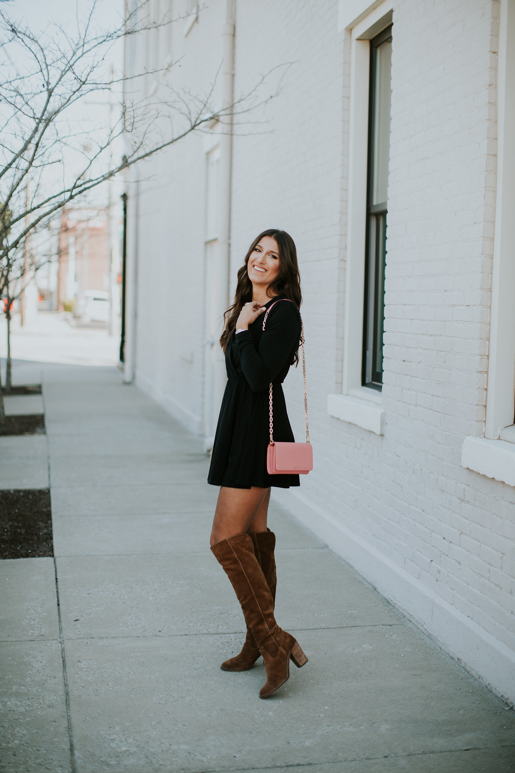 black flare dress, little black dress, over the knee boots, tory burch robinson chain wallet, tory burch crossbody bag, tory burch pink bag, bcbgeneration dress, spring fashion, spring style // grace wainwright a southern drawl
