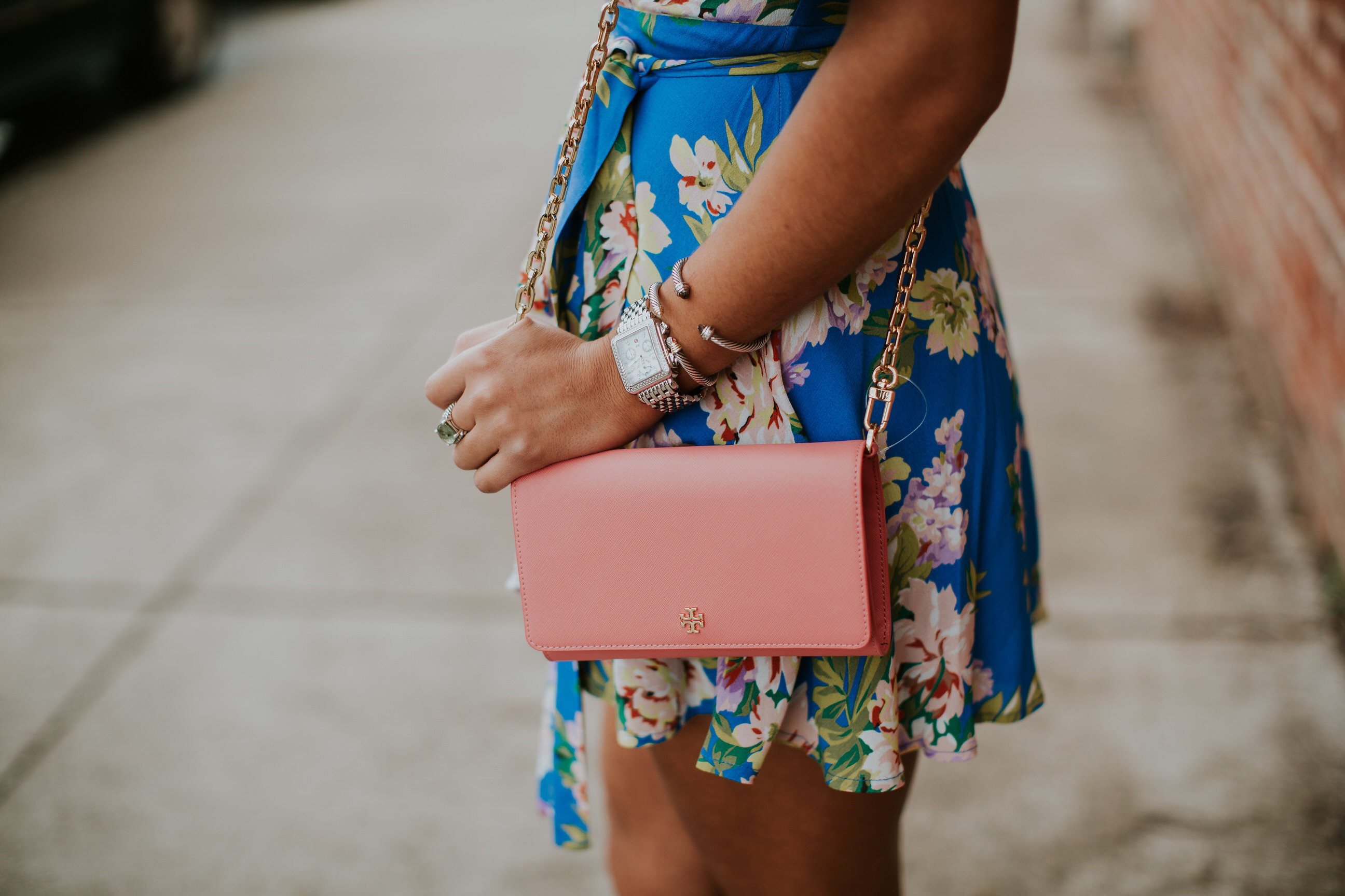 floral wrap dress, floral dress, privacy please floral dress, spring fashion, tory burch chain wallet, dolce vita effie block heeled sandal, dolce vita sandals, gold chain earrings, spring fashion, spring style, vacation style, vacation outfit, wrap mini dress // grace wainwright a southern drawl