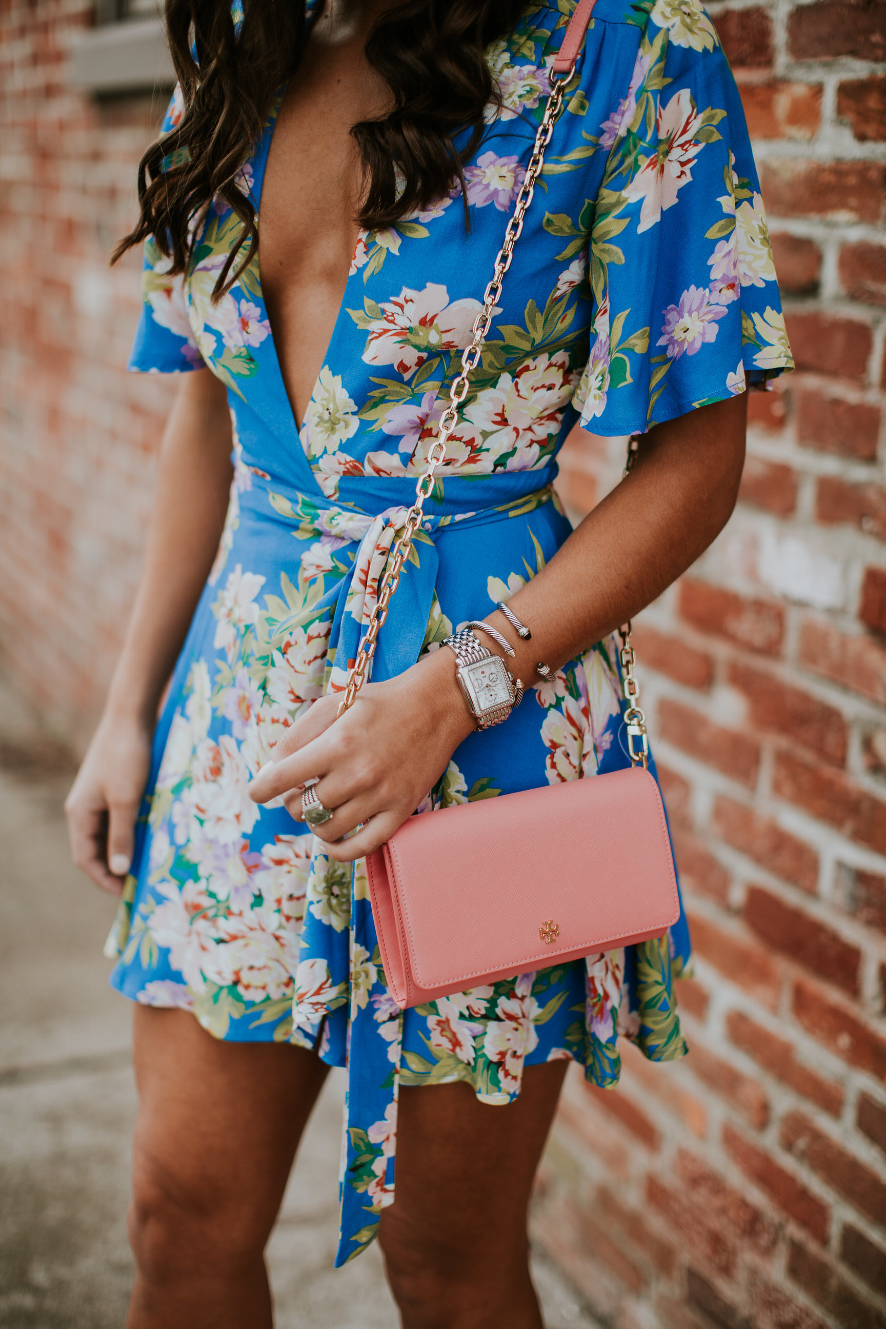 floral wrap dress, floral dress, privacy please floral dress, spring fashion, tory burch chain wallet, dolce vita effie block heeled sandal, dolce vita sandals, gold chain earrings, spring fashion, spring style, vacation style, vacation outfit, wrap mini dress // grace wainwright a southern drawl