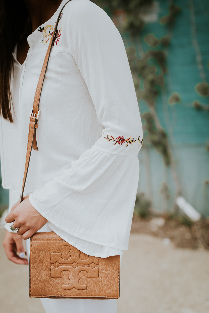 embroidered bell sleeve top, floral embroidered top, floral top, floral bell sleeve top, spring fashion, chicwish bell sleeve top, chicwish tops, chicwish outfit, southern blogger, tory burch crossbody bag // grace wainwright a southern drawl