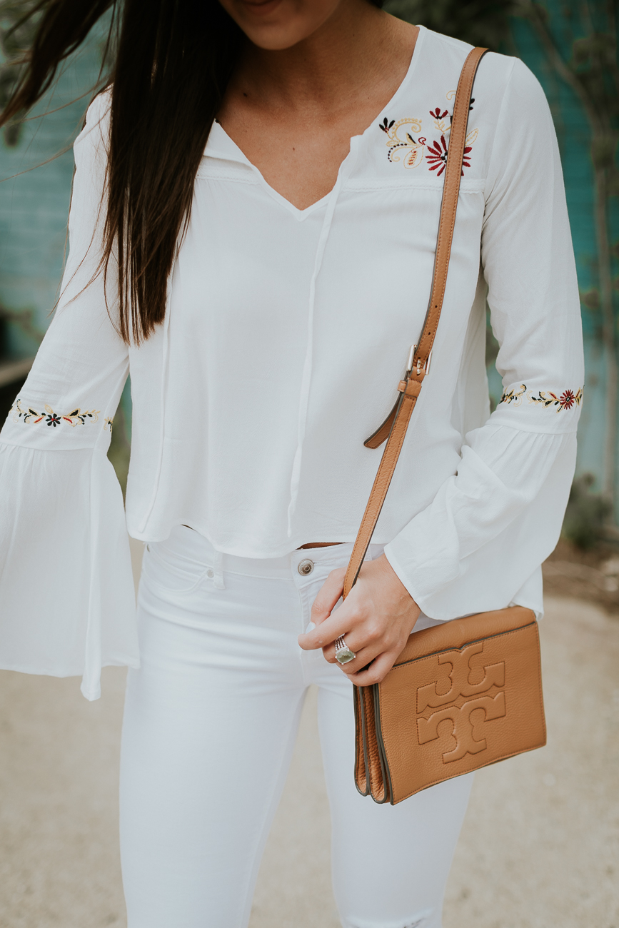 embroidered bell sleeve top, floral embroidered top, floral top, floral bell sleeve top, spring fashion, chicwish bell sleeve top, chicwish tops, chicwish outfit, southern blogger, tory burch crossbody bag // grace wainwright a southern drawl
