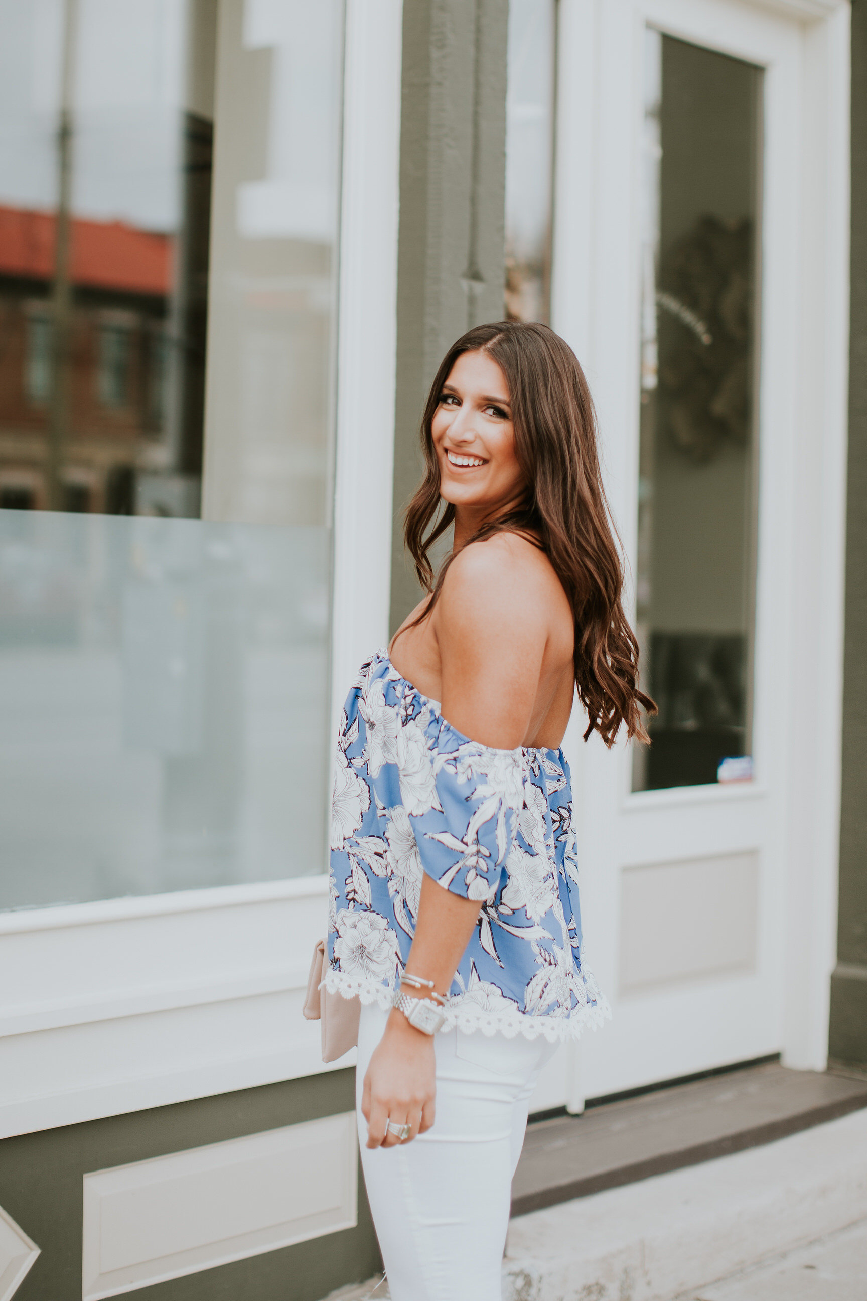 casual summer outfit, floral top, floral off the shoulder top, lovers and friends top, lovers and friends cold shoulder top, lovers and friends off the shoulder top, dolce vita block heel sandal, summer fashion, summer style, cute summer outfits // grace wainwright a southern drawl