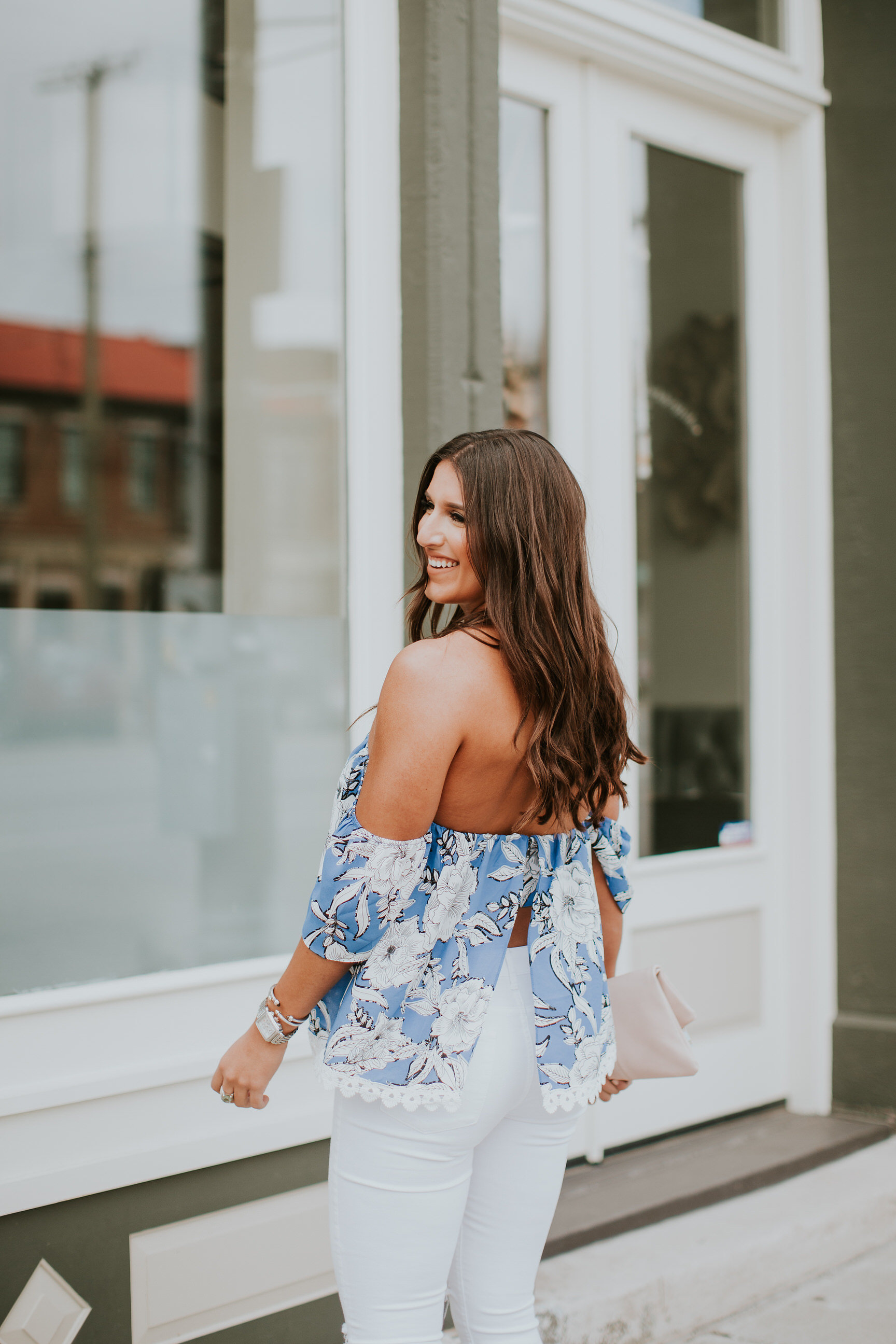 casual summer outfit, floral top, floral off the shoulder top, lovers and friends top, lovers and friends cold shoulder top, lovers and friends off the shoulder top, dolce vita block heel sandal, summer fashion, summer style, cute summer outfits // grace wainwright a southern drawl