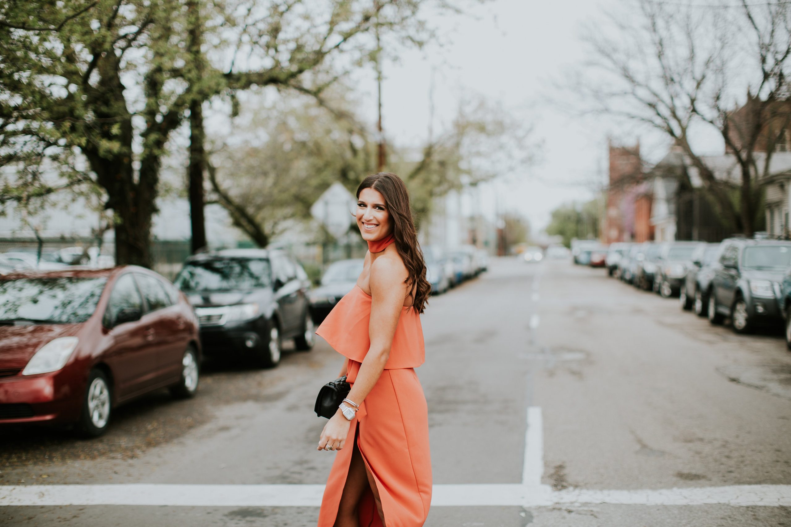 strapless cocktail dress, lovers and friends max midi dress, burnt orange dress, cocktail dress, wedding guest dress, choker dress, ruffle dress, strapless dress, rebecca minkoff love crossbody bag, steve madden carrson sandal // grace wainwright a southern drawl