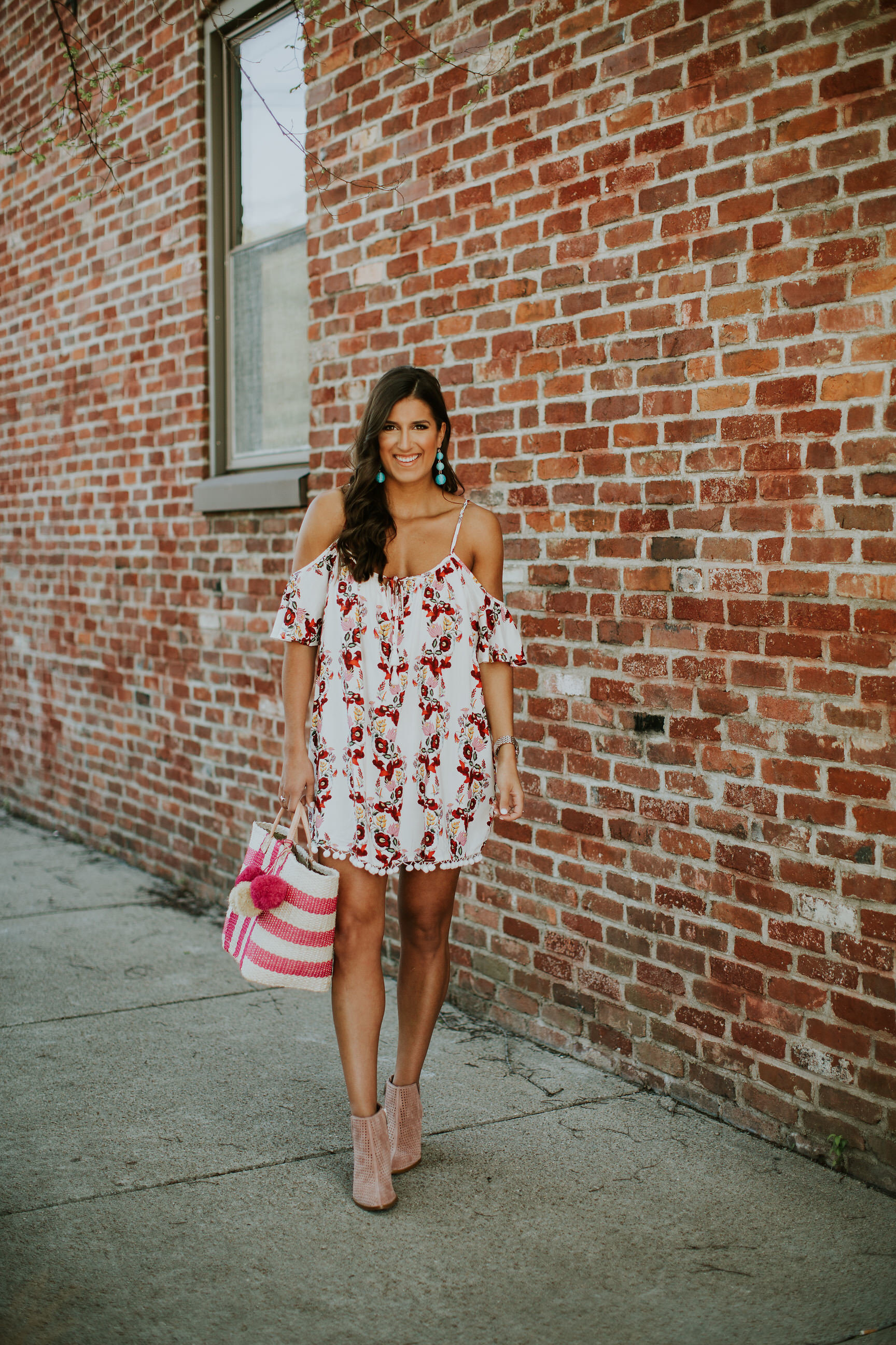 pom pom dress, cold shoulder dress, show me your mumu bonaroo dress, show me your mumu dresses, vacation dress, vacation fashion, vacation style, turquoise earrings, baublebar crispin drops, mar y sol collins tote, straw tote, straw beach tote, perforated booties, summer fashion, summer outfit ideas, southern fashion blogger, kentucky blogger // grace wainwright a southern drawl