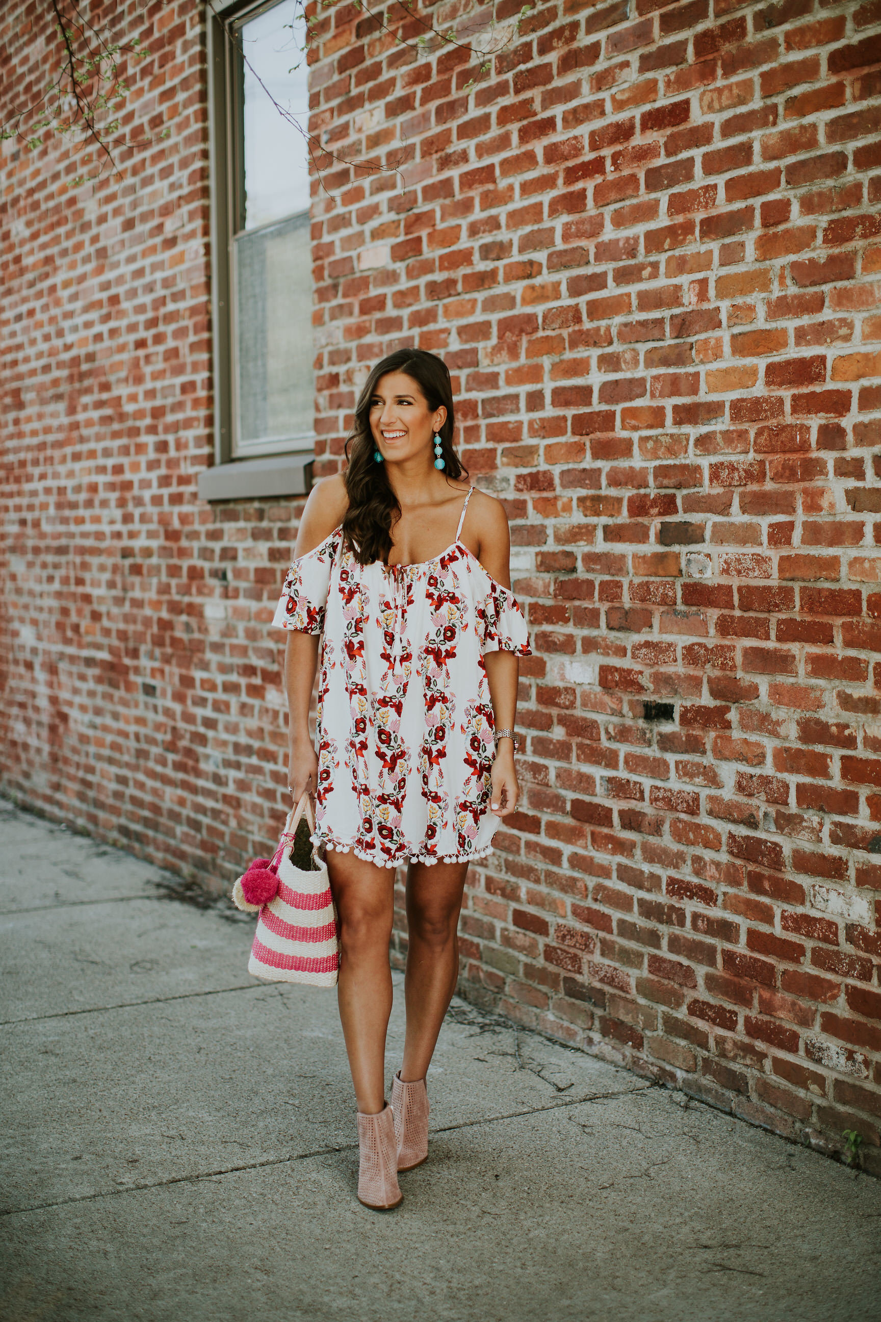 pom pom dress, cold shoulder dress, show me your mumu bonaroo dress, show me your mumu dresses, vacation dress, vacation fashion, vacation style, turquoise earrings, baublebar crispin drops, mar y sol collins tote, straw tote, straw beach tote, perforated booties, summer fashion, summer outfit ideas, southern fashion blogger, kentucky blogger // grace wainwright a southern drawl