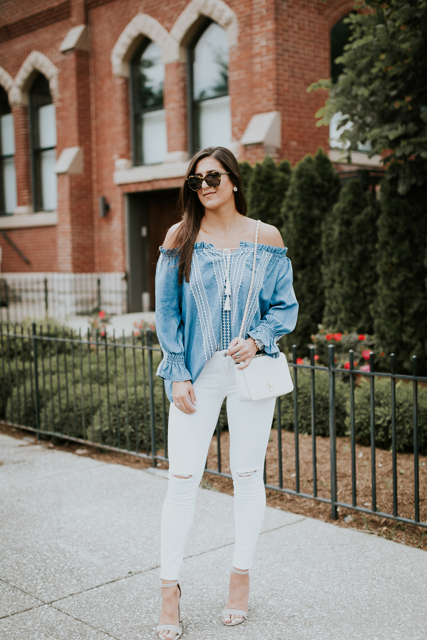 chambray off the shoulder top, embroidered off the shoulder top, white distressed skinny jeans, tory burch crossbody bag, karen walker number one sunglasses, chambray top, spring chambray, summer chambray, spring outfit // grace wainwright a southern drawl