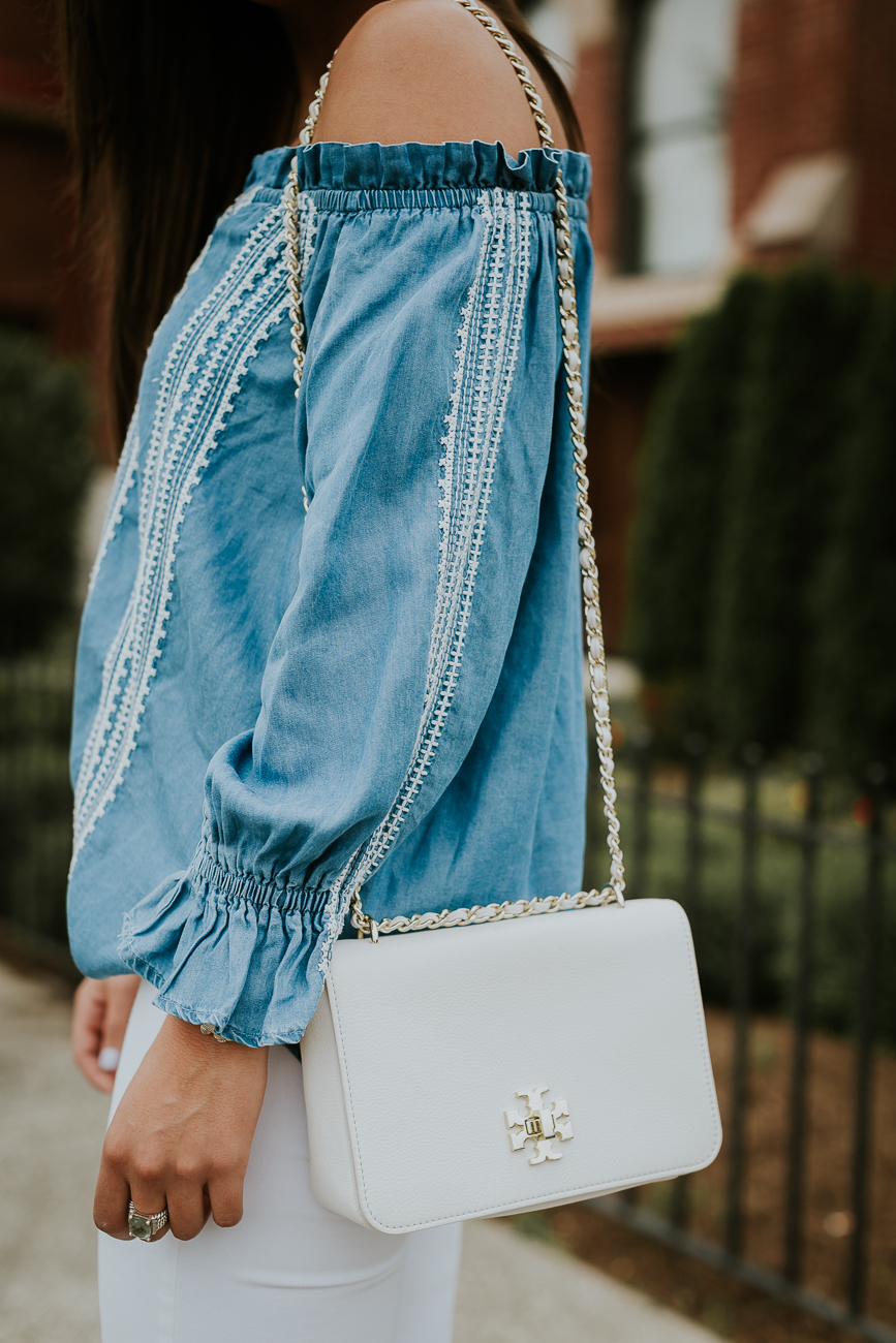 chambray off the shoulder top, embroidered off the shoulder top, white distressed skinny jeans, tory burch crossbody bag, karen walker number one sunglasses, chambray top, spring chambray, summer chambray, spring outfit // grace wainwright a southern drawl
