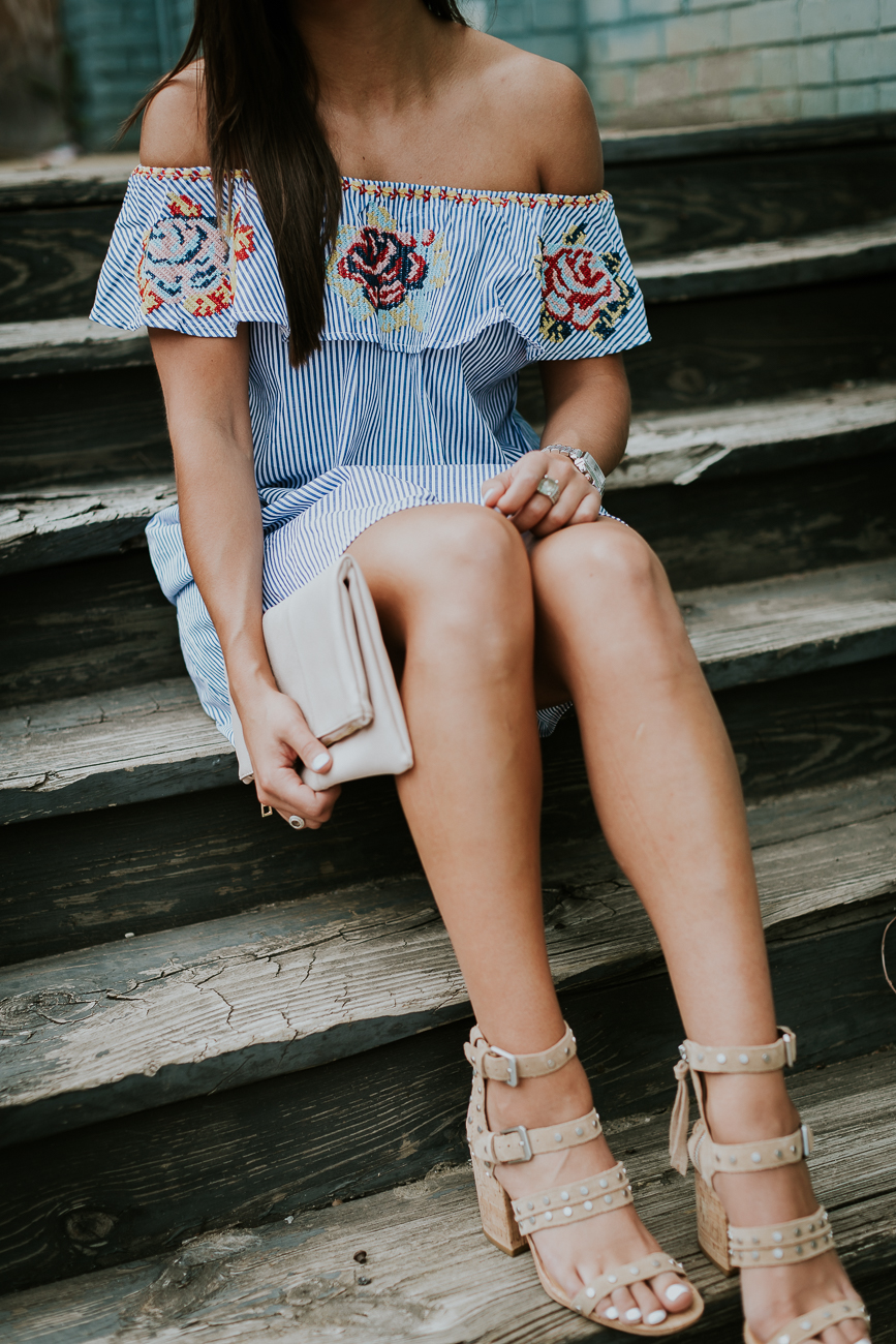 embroidered off the shoulder dress, chicwish dress, off the shoulder ruffle dress, stripe off the shoulder dress, stripe ruffle dress, dolce vita effie block heel, bp foldover clutch, spring fashion, spring style, summer fashion, summer style // grace wainwright a southern drawl