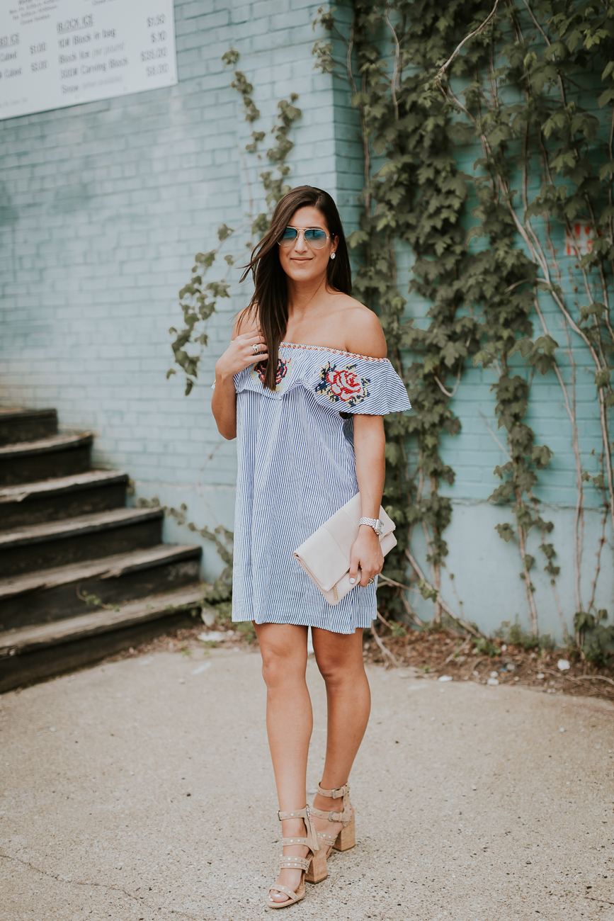 embroidered off the shoulder dress, chicwish dress, off the shoulder ruffle dress, stripe off the shoulder dress, stripe ruffle dress, dolce vita effie block heel, bp foldover clutch, spring fashion, spring style, summer fashion, summer style // grace wainwright a southern drawl