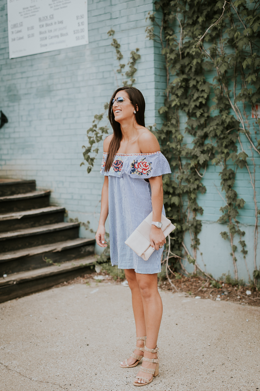 embroidered off the shoulder dress, chicwish dress, off the shoulder ruffle dress, stripe off the shoulder dress, stripe ruffle dress, dolce vita effie block heel, bp foldover clutch, spring fashion, spring style, summer fashion, summer style // grace wainwright a southern drawl