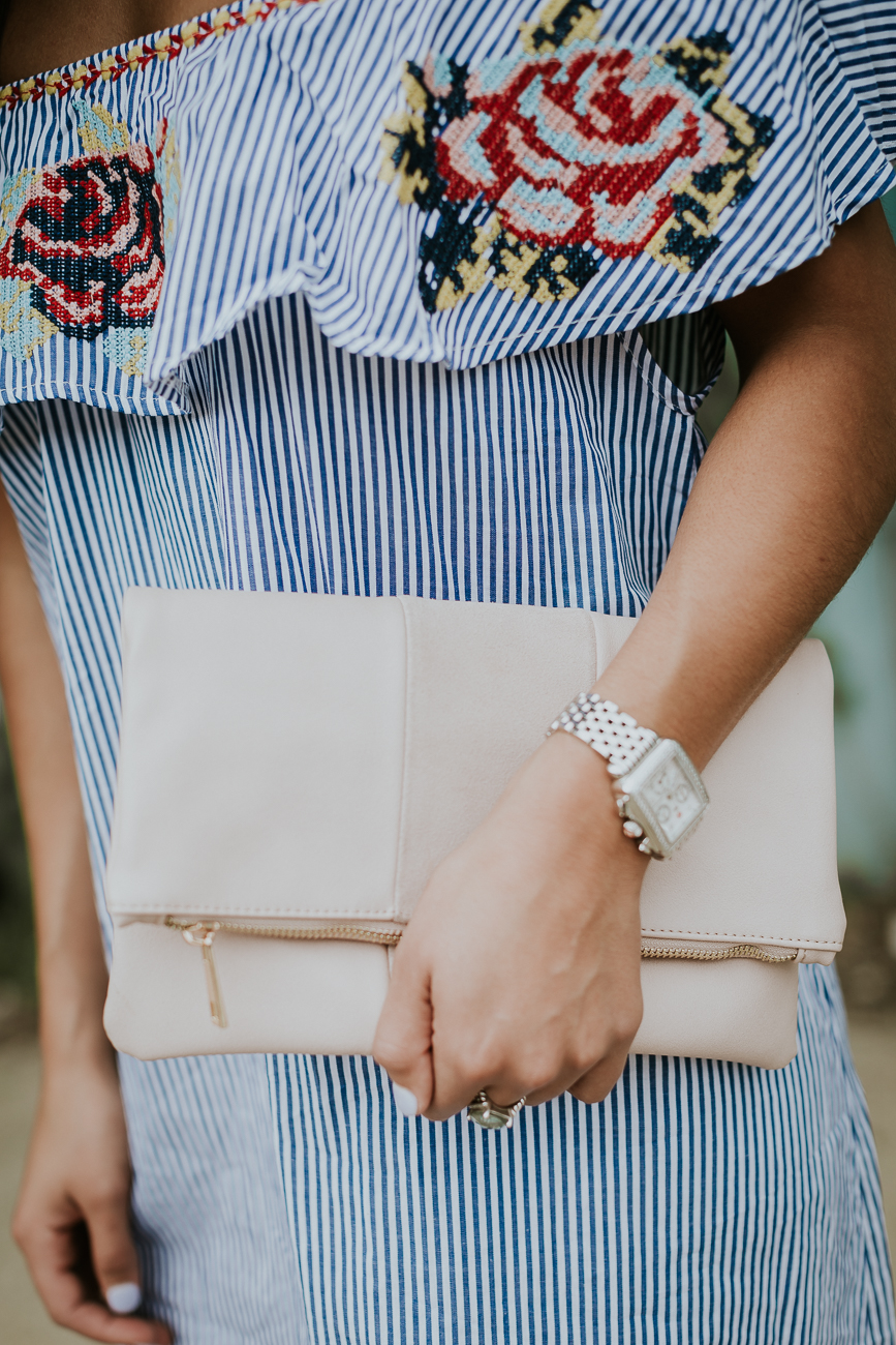 embroidered off the shoulder dress, chicwish dress, off the shoulder ruffle dress, stripe off the shoulder dress, stripe ruffle dress, dolce vita effie block heel, bp foldover clutch, spring fashion, spring style, summer fashion, summer style // grace wainwright a southern drawl