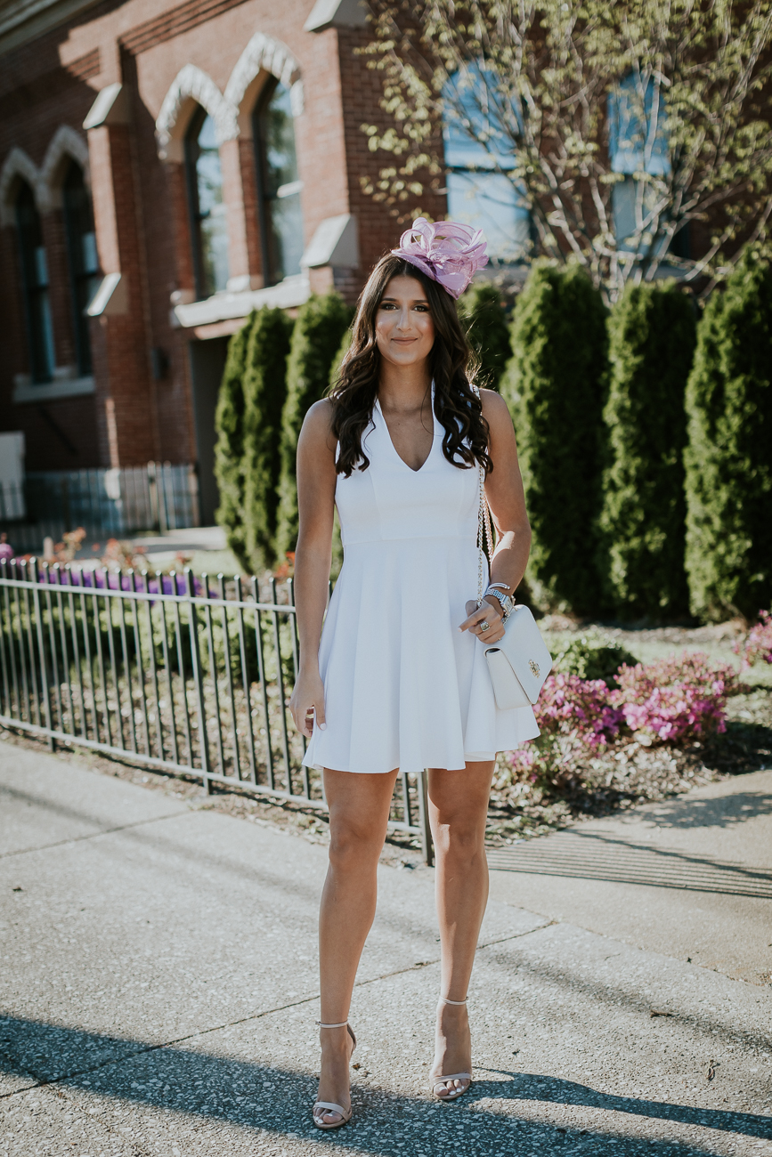 kentucky derby outfit, little white dress, bride to be dress, kentucky derby fashion, ky derby style, ky derby outfit, kentucky derby fascinator, ky derby fascinator, ky derby hats, spring style // grace wainwright a southern drawl