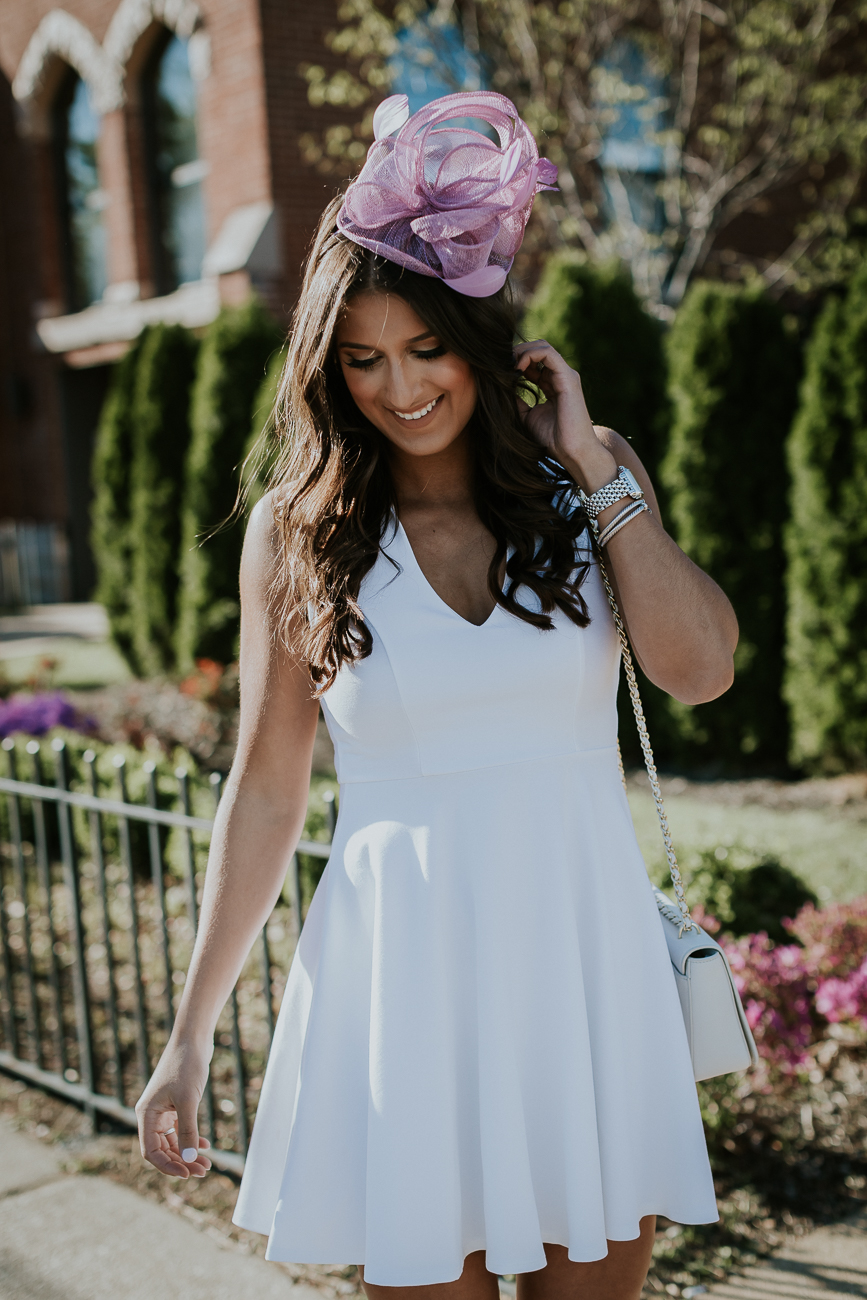 kentucky derby outfit, little white dress, bride to be dress, kentucky derby fashion, ky derby style, ky derby outfit, kentucky derby fascinator, ky derby fascinator, ky derby hats, spring style // grace wainwright a southern drawl