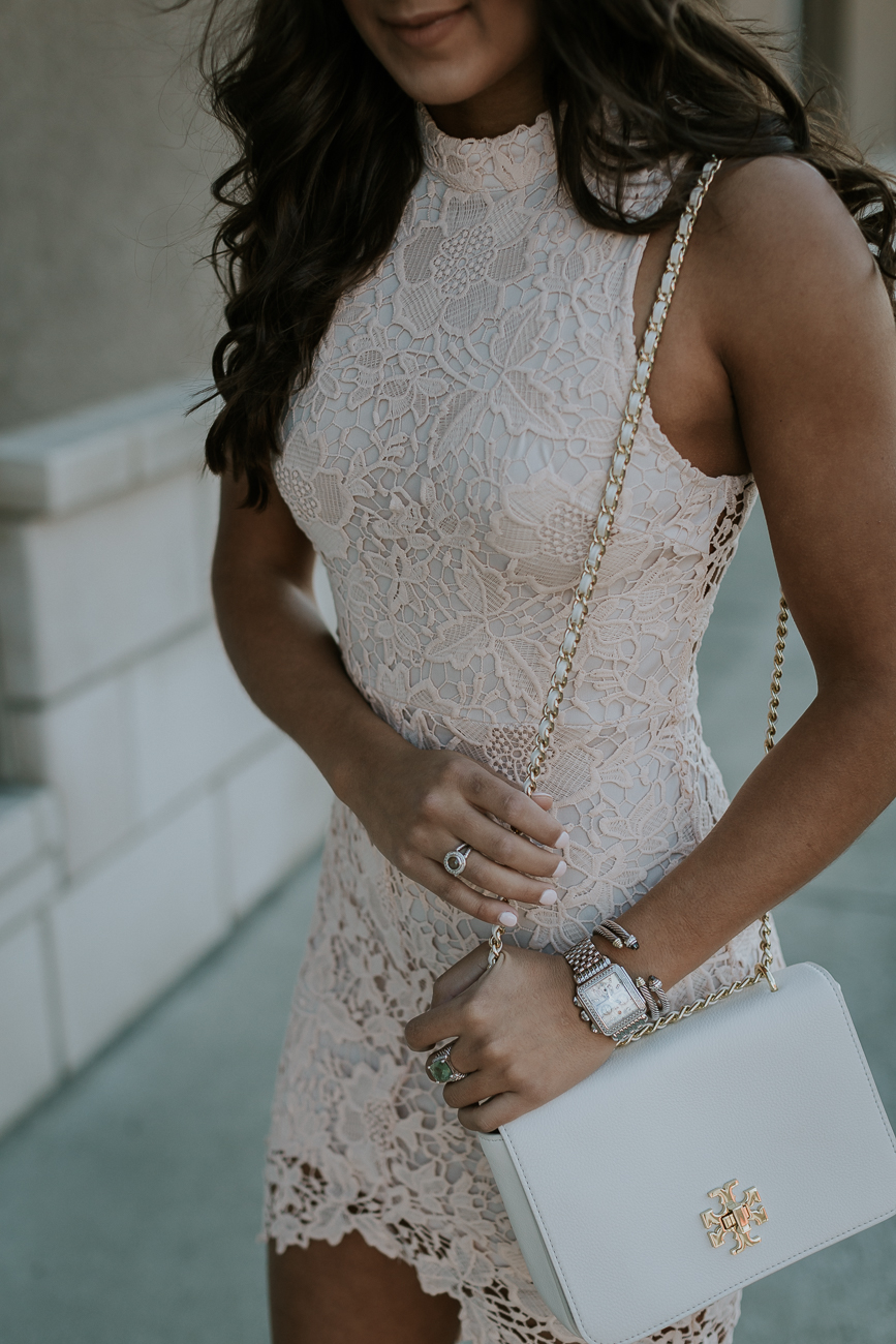 lace high low dress, astr samantha dress, white crossbody bag, tory burch bag, lace dress, lace mini dress, cocktail dress, cocktail attire, wedding guest dress, spring style, spring fashion, spring dress, summer dress // grace wainwright a southern drawl