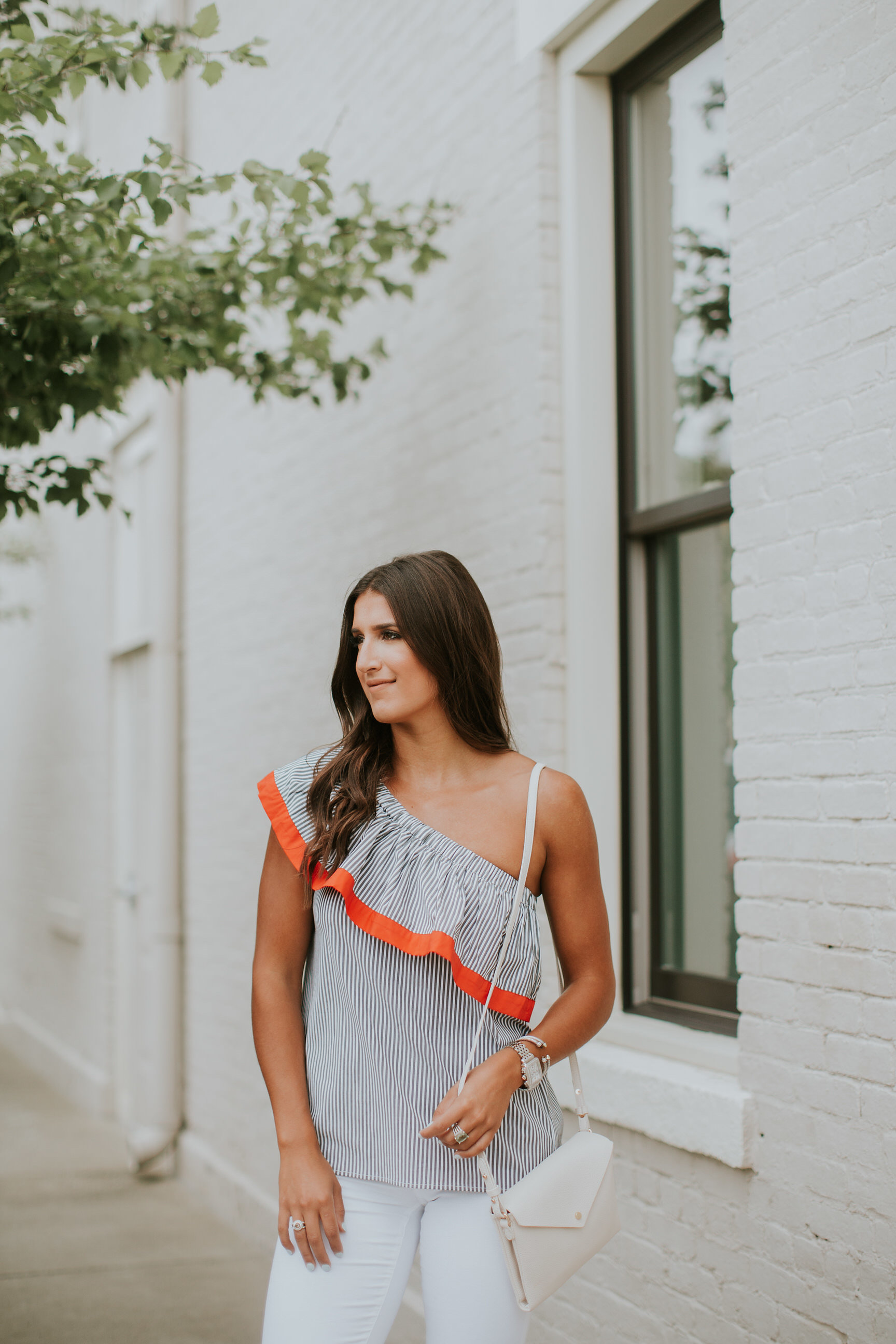 one shoulder top, ruffle one shoulder top, one shoulder ruffle top, white denim, white skinny jeans, summer style, espadrille wedges, cute summer sandals, vince camuto one shoulder top, southern fashion blogger, kentucky blogger // grace wainwright a southern drawl