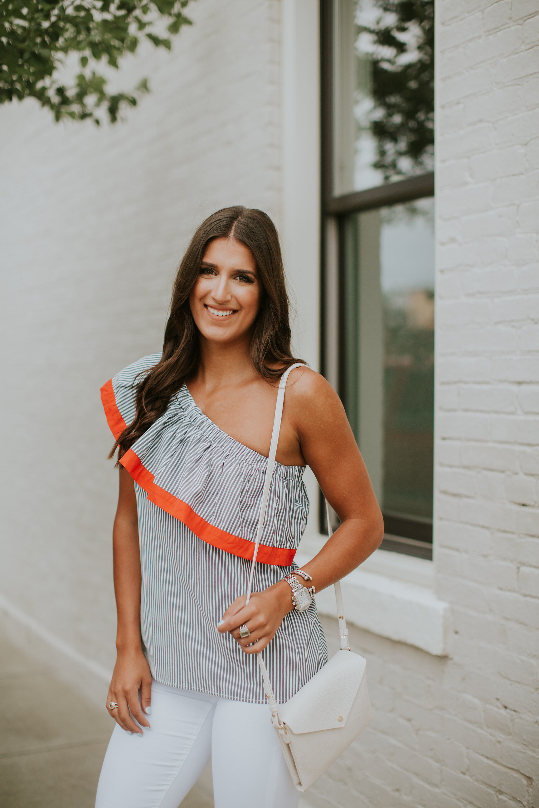 one shoulder top, ruffle one shoulder top, one shoulder ruffle top, white denim, white skinny jeans, summer style, espadrille wedges, cute summer sandals, vince camuto one shoulder top, southern fashion blogger, kentucky blogger // grace wainwright a southern drawl