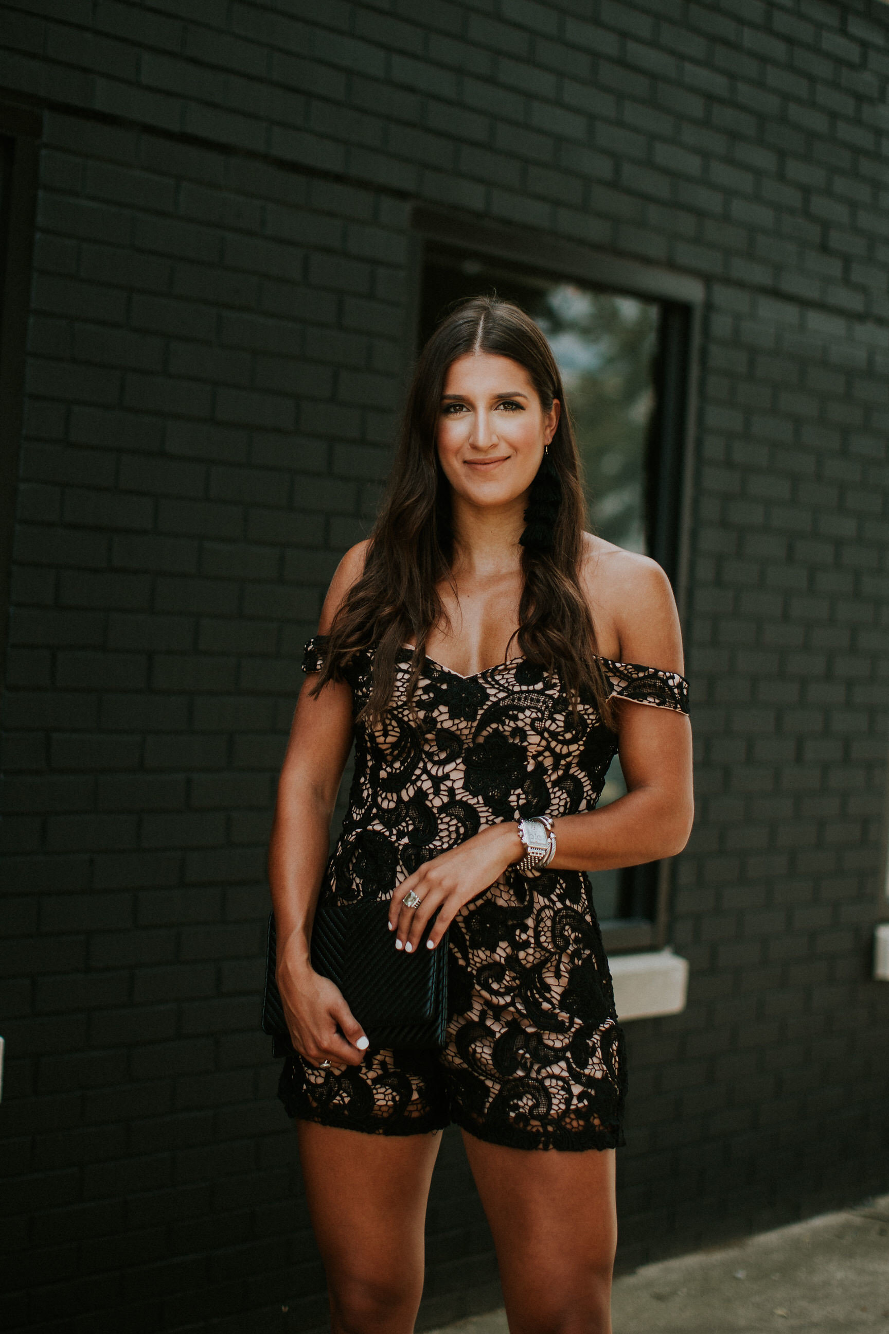 weekend style, tassel outfit, tassel coordinates set, tassel romper, tassel set, nasty gal outfits, nastygal outfits, lace romper, off the shoulder romper, off the shoulder lace romper, black mesh maxi dress, black mesh gown, summer weekend style, summer style, summer fashion // grace wainwright a southern drawl