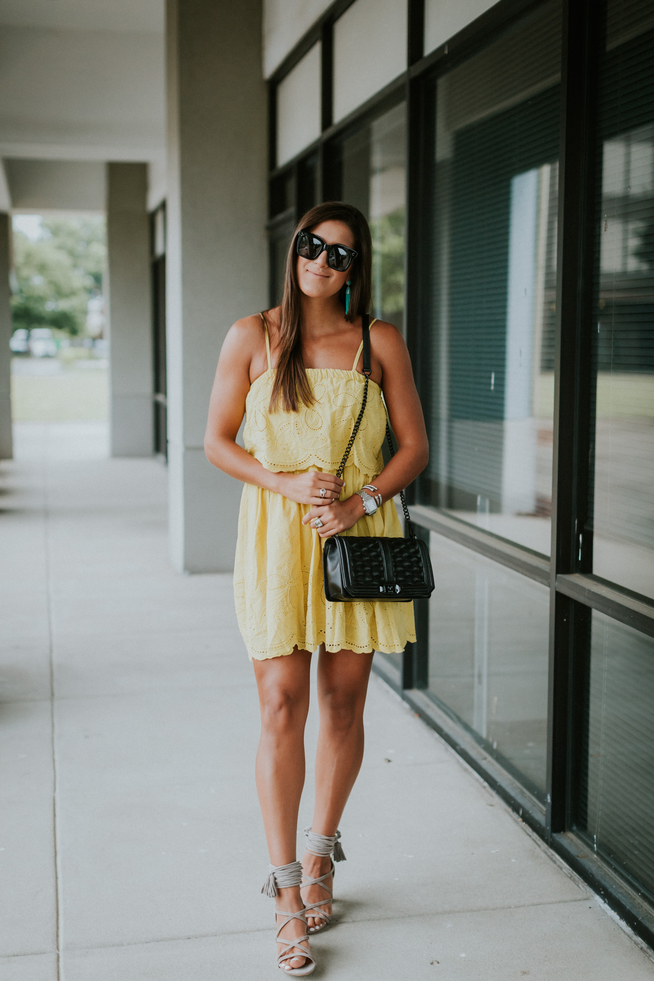 eyelet sundress, yellow sundress, embroidered dress, summer dresses, summer outfit, summer style, summer fashion, turquoise earrings, tassel earrings // grace wainwright a southern drawl